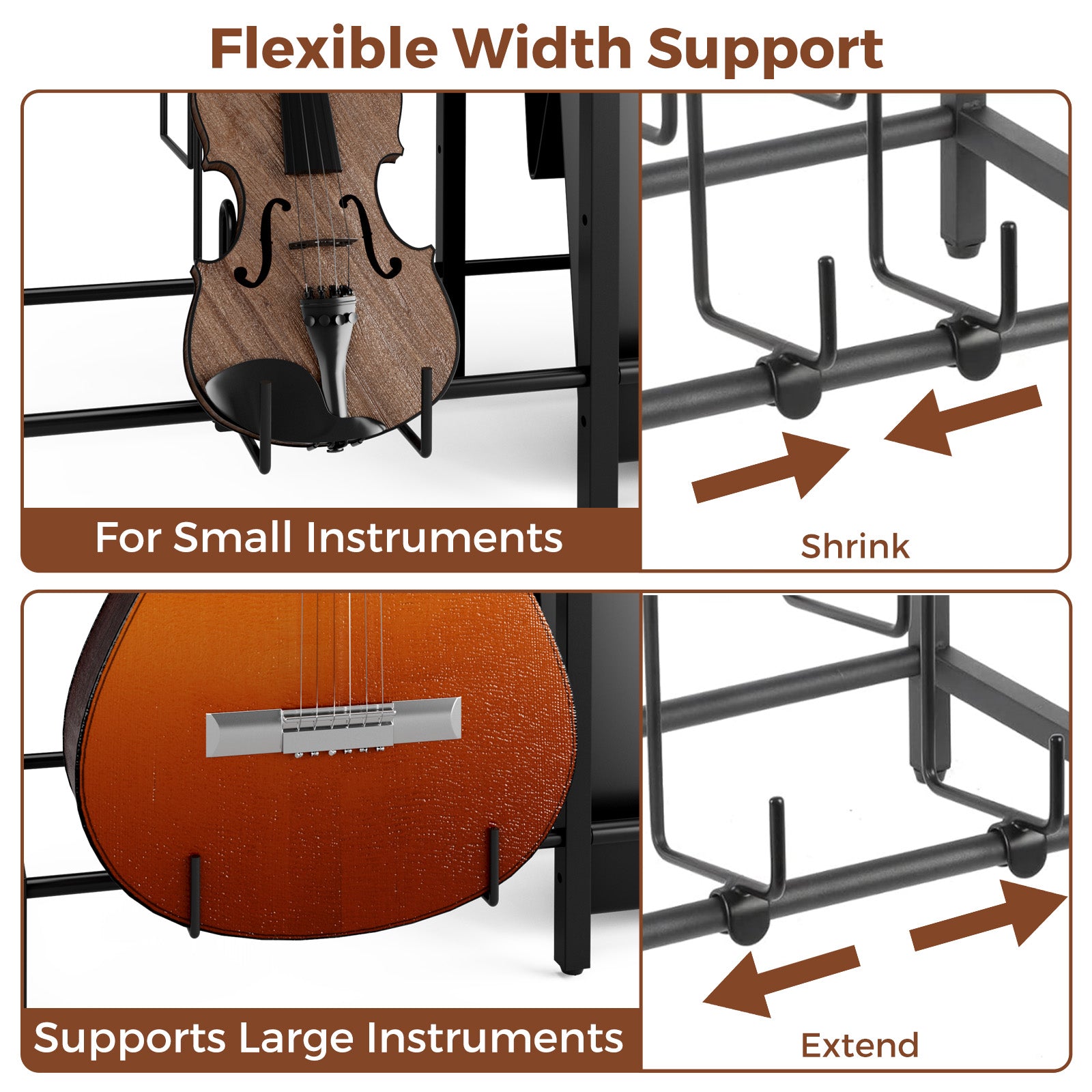 Guitar and instrument holder with flexible width support for small and large instruments.