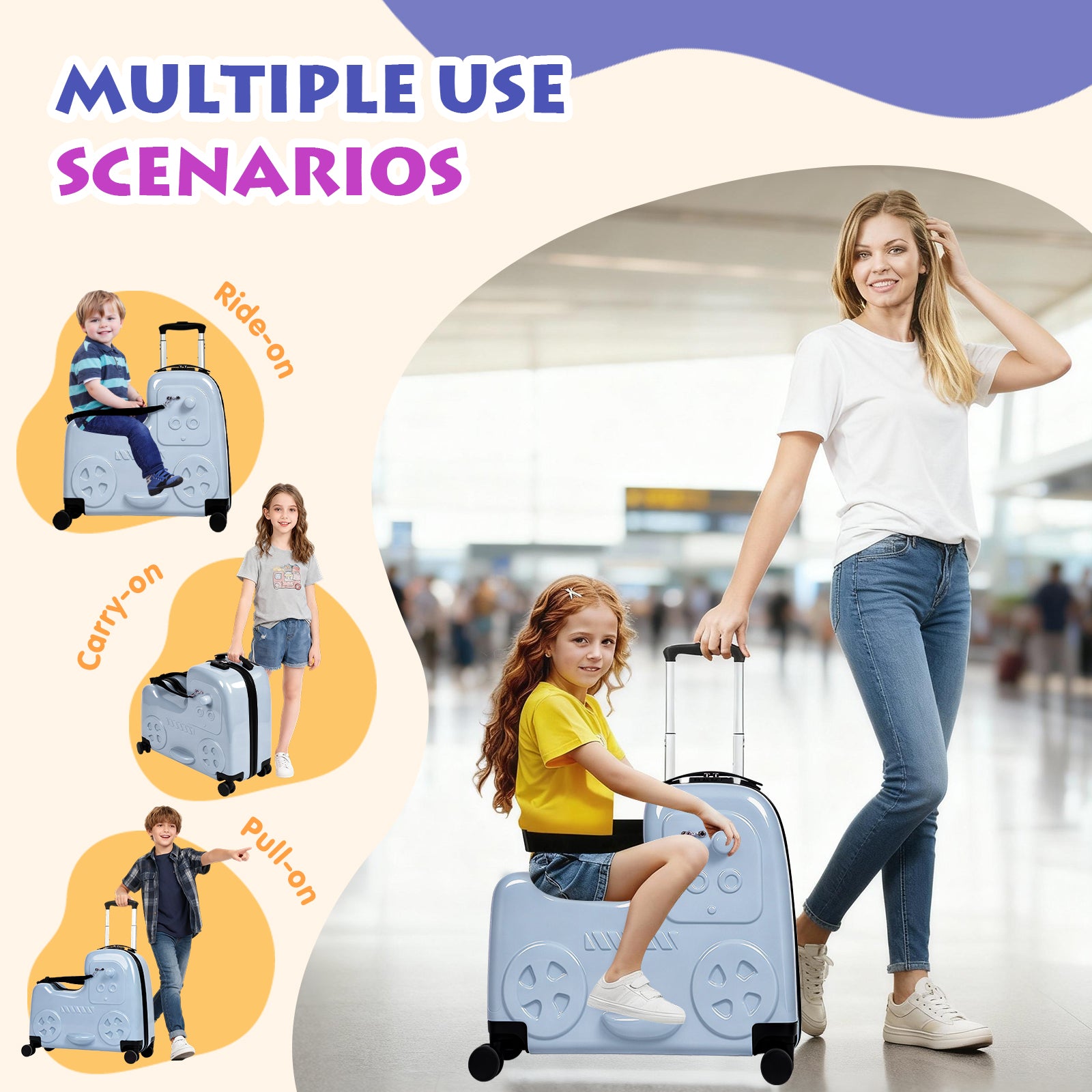 Woman and child with a suitcase, showing multiple use scenarios.