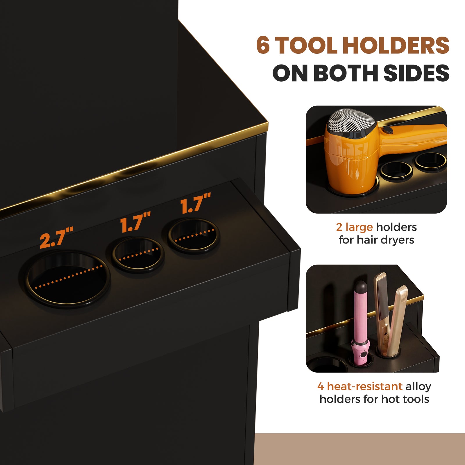 Black grooming station with tool holders for hair dryers and hot tools, featuring text on tool capacity.