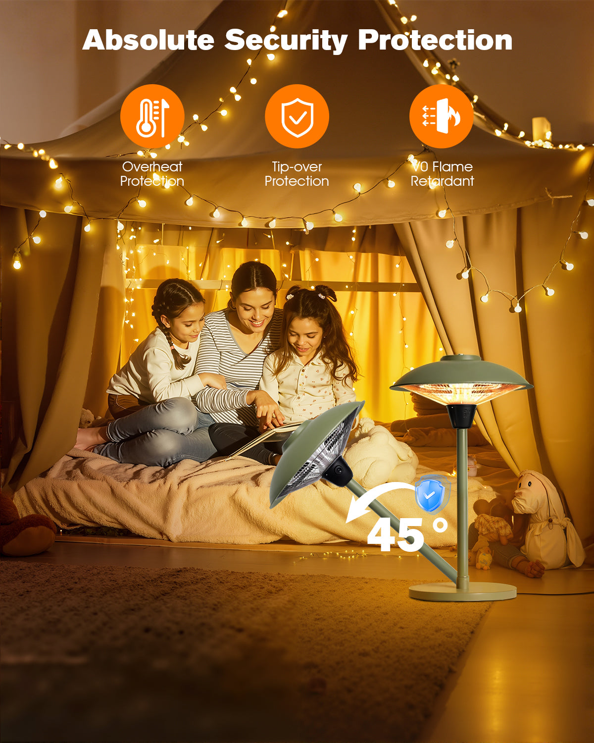 Family using a laptop under a canopy with a heating lamp, emphasizing security features.