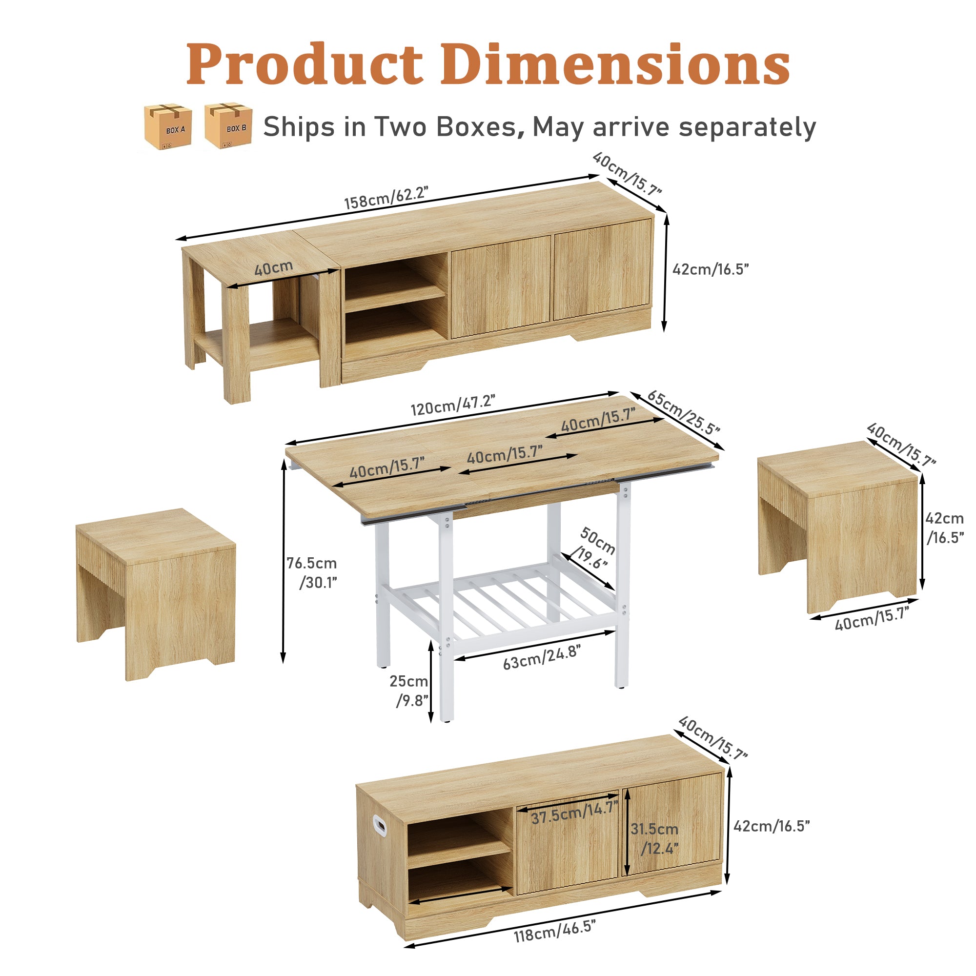 Dimensions of wooden furniture pieces on a white background