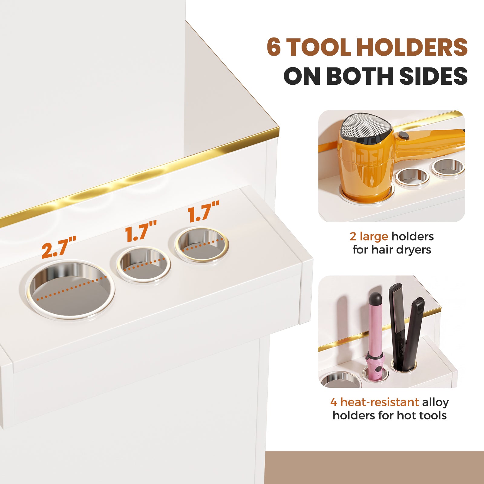 White tool holder with multiple compartments for hair dryers and hot tools, featuring text on tool sizes and uses.
