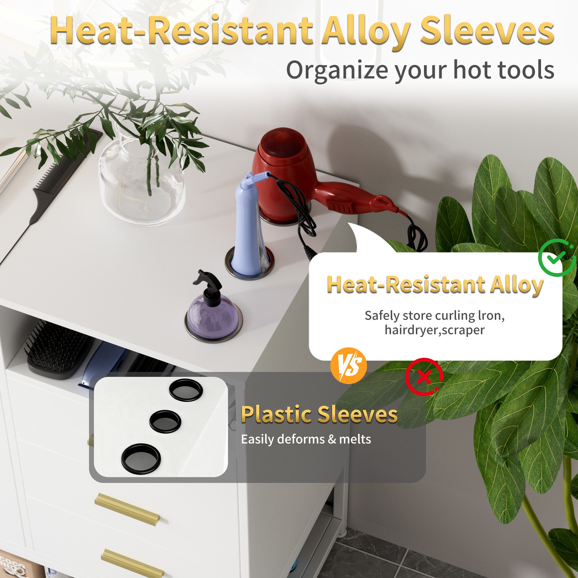 Heat-resistant alloy sleeves for organizing hot tools on a desk with text comparison.