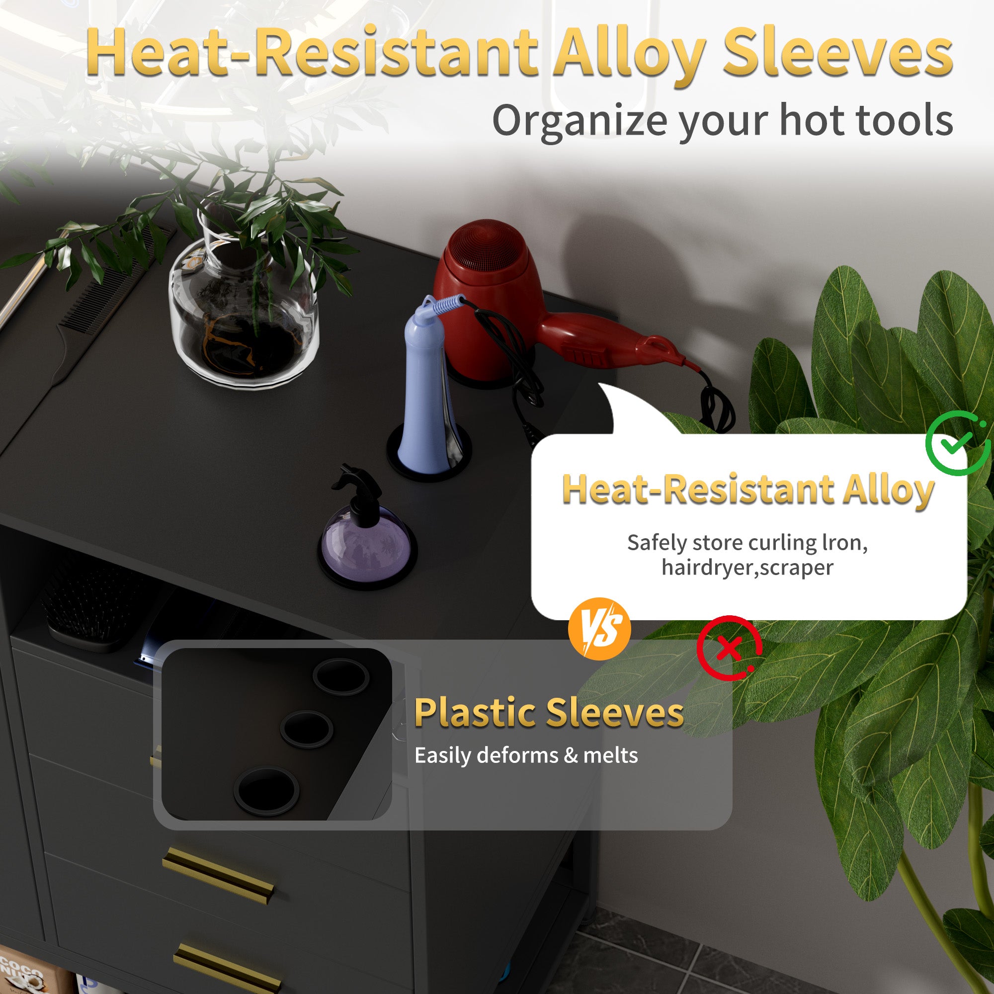 Heat-resistant alloy sleeves being used to organize hot tools on a kitchen counter.
