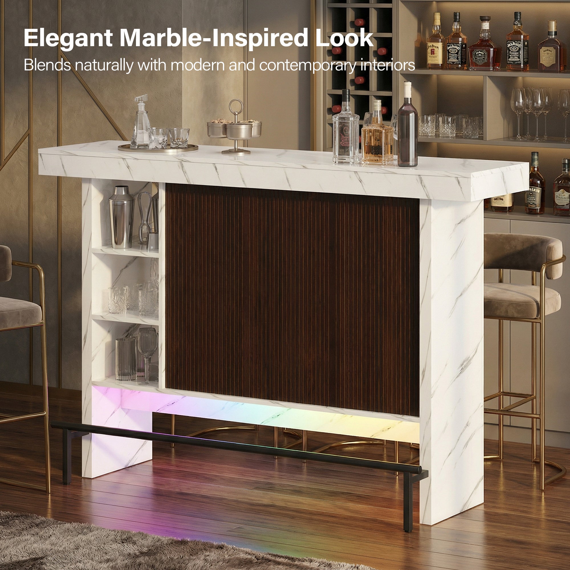 Bar counter with marble-inspired design in a modern interior setting.
