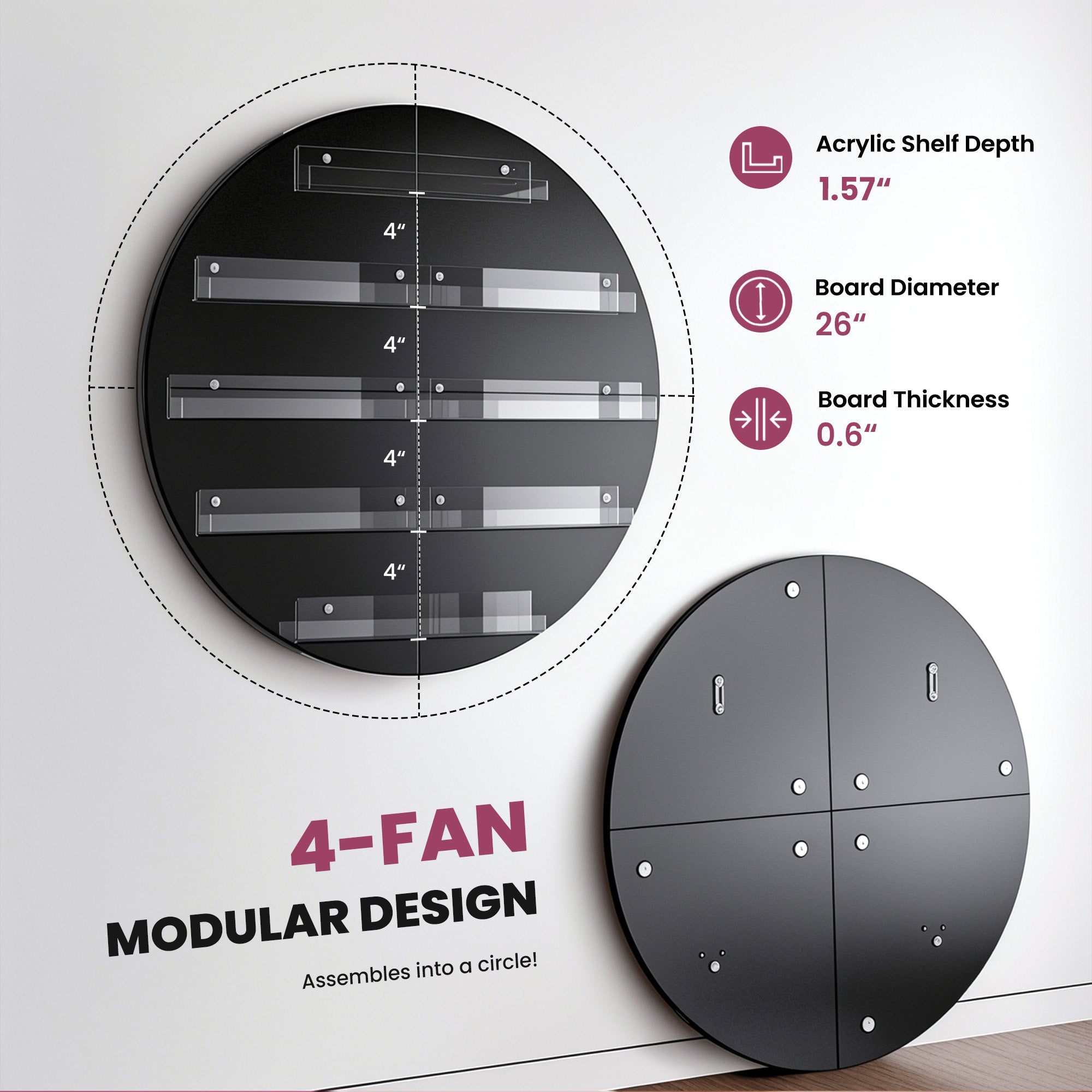 Circular modular design with four fans and technical specifications on a white background