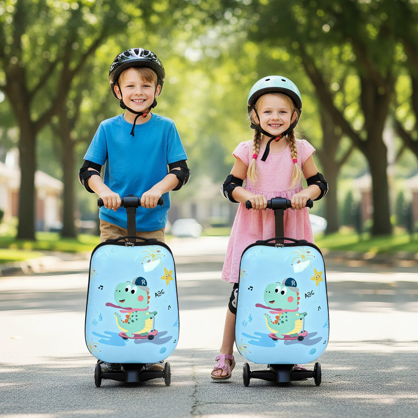 Two children with cartoon-patterned suitcases on a tree-lined street.