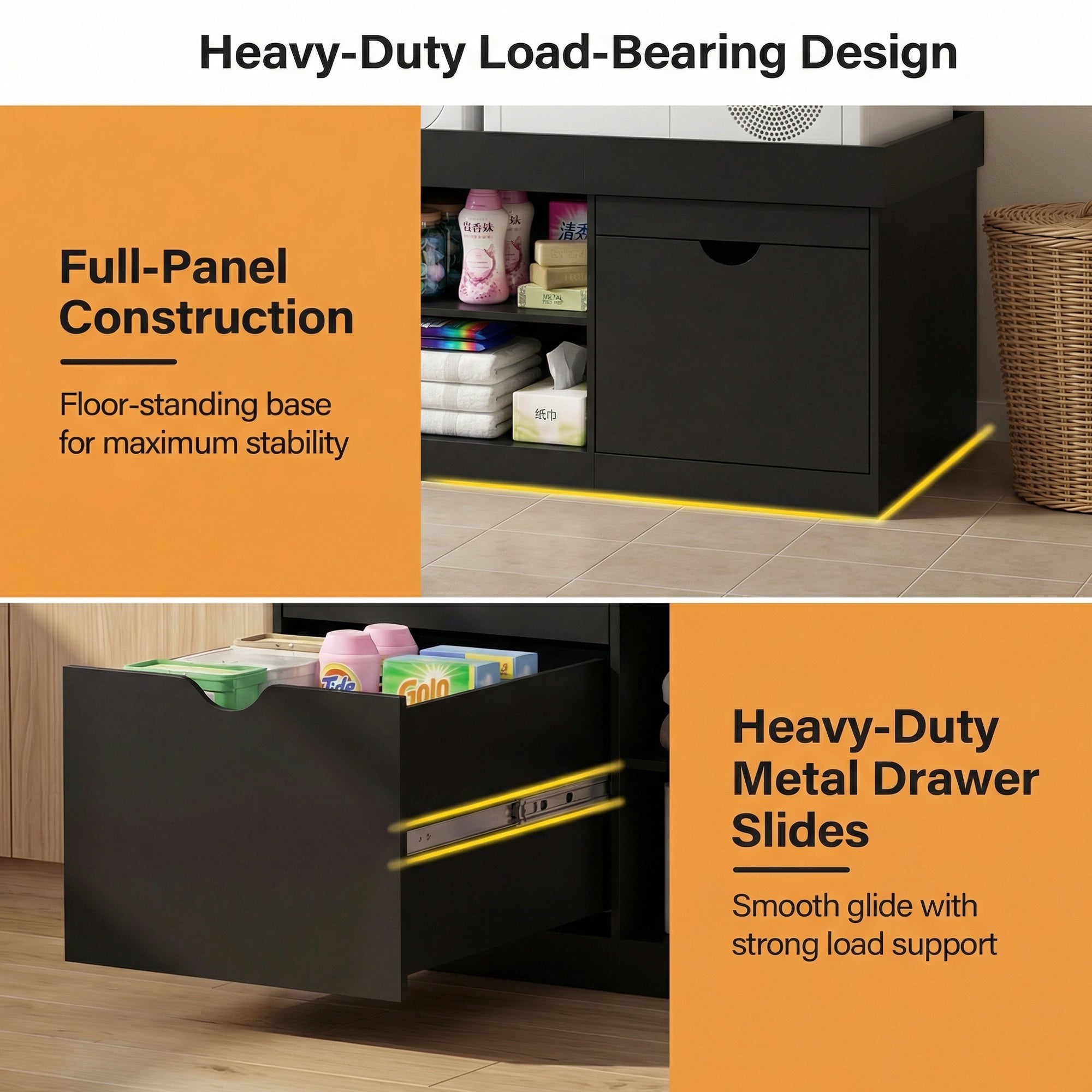 Black storage unit with text highlighting heavy-duty load-bearing design, full-panel construction, and heavy-duty metal drawer slides.