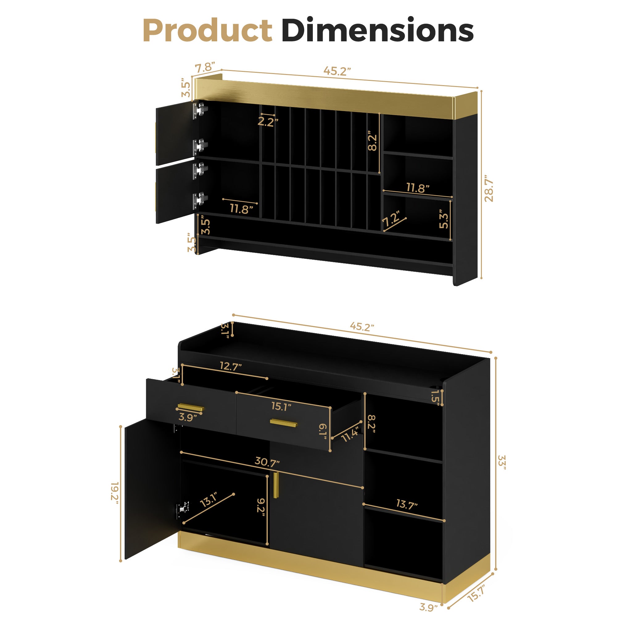 Black and gold cabinet with dimensions labeled on a white background