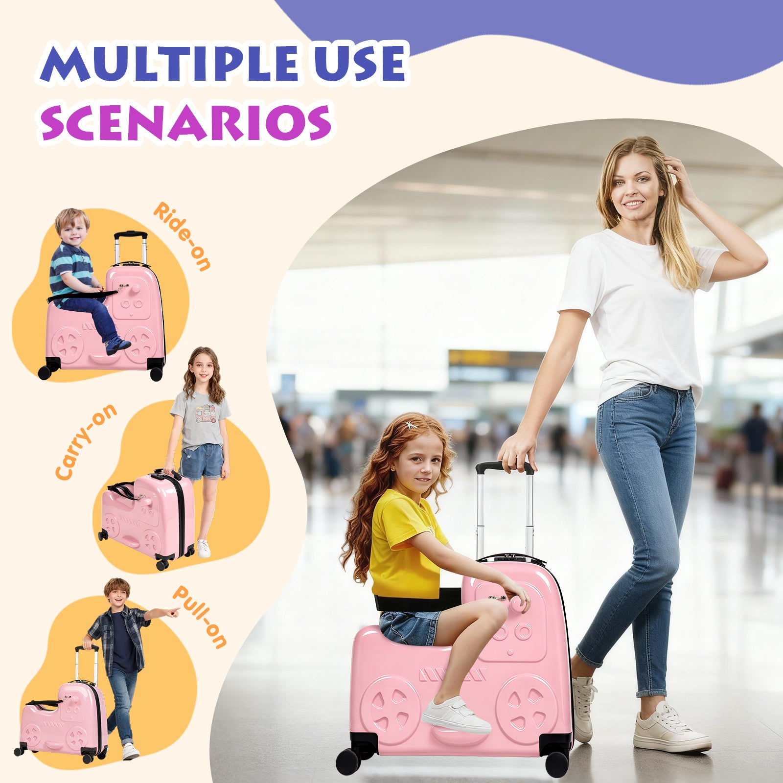 Woman and child with a pink suitcase, showing multiple use scenarios.