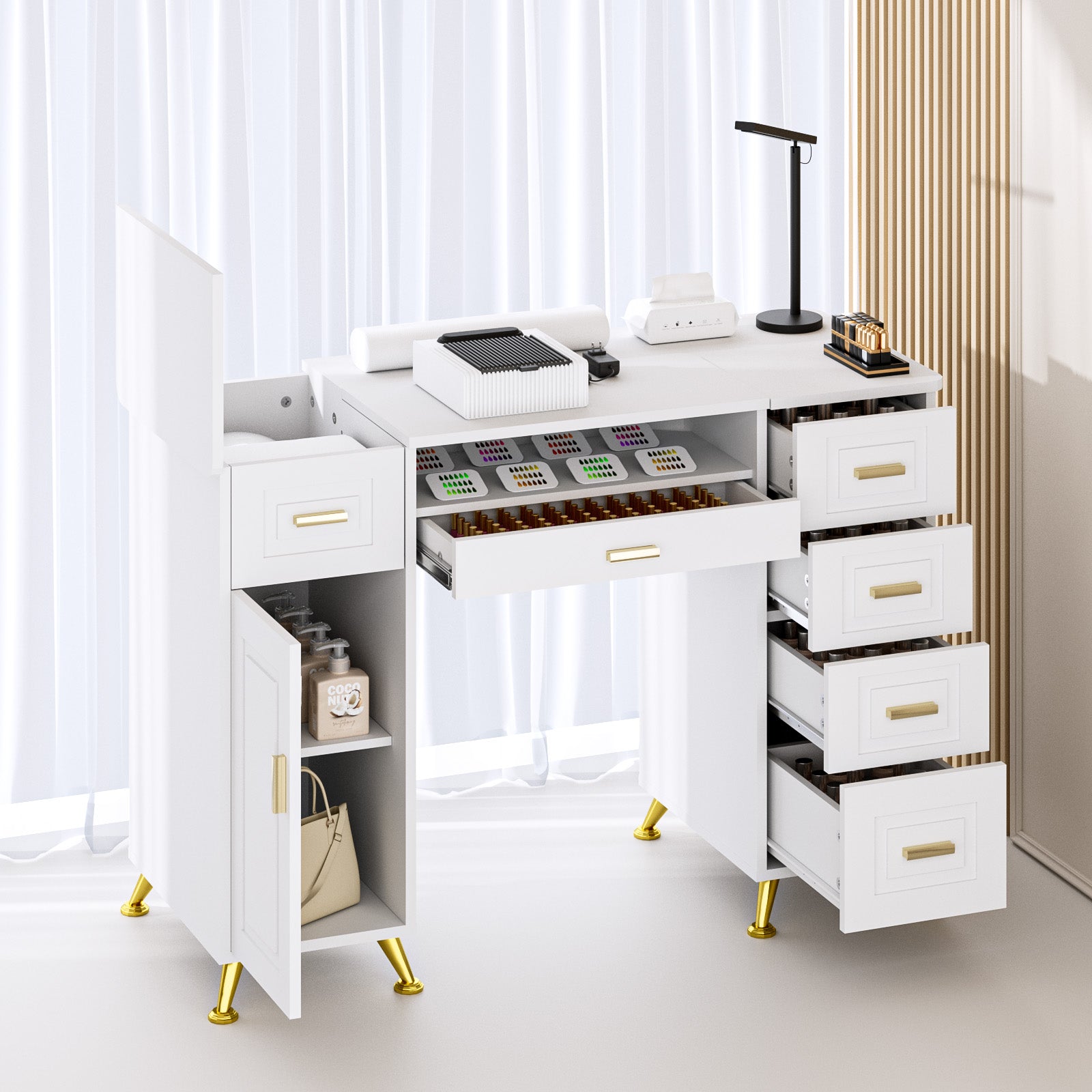 White makeup vanity with drawers and a mirror in a bright room.
