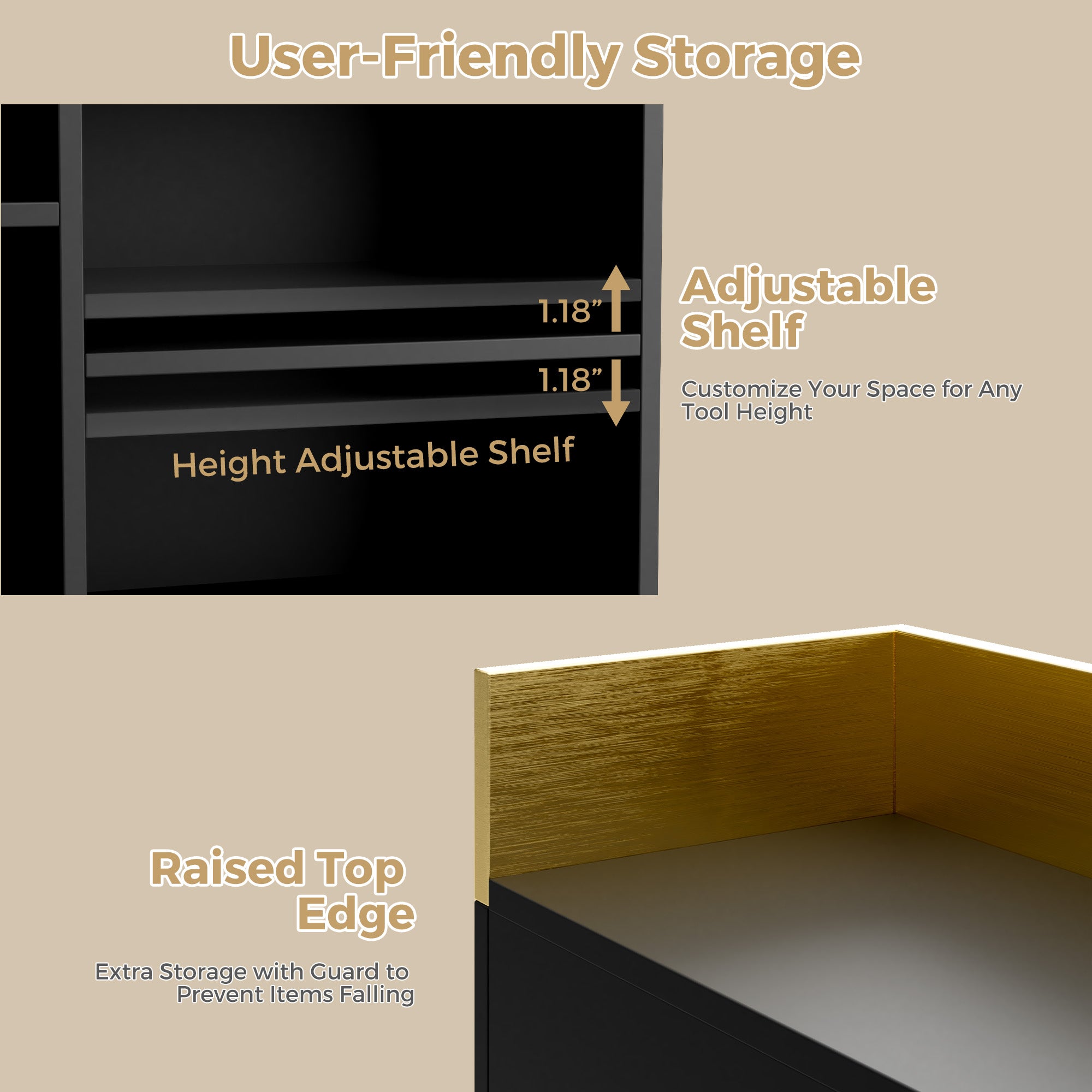 Storage unit with adjustable shelves and raised top edge on a beige background