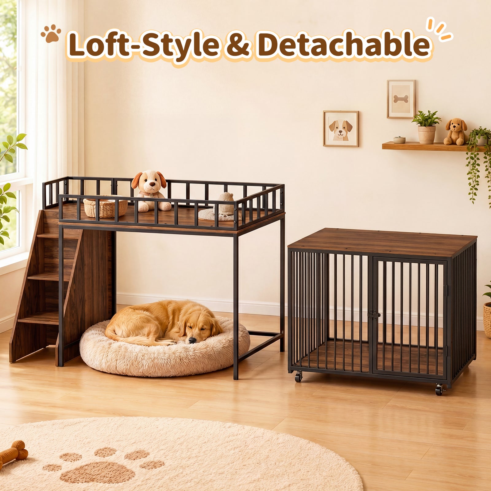 Advwin 37" Loft-Style Dog Crate with Storage Shelves