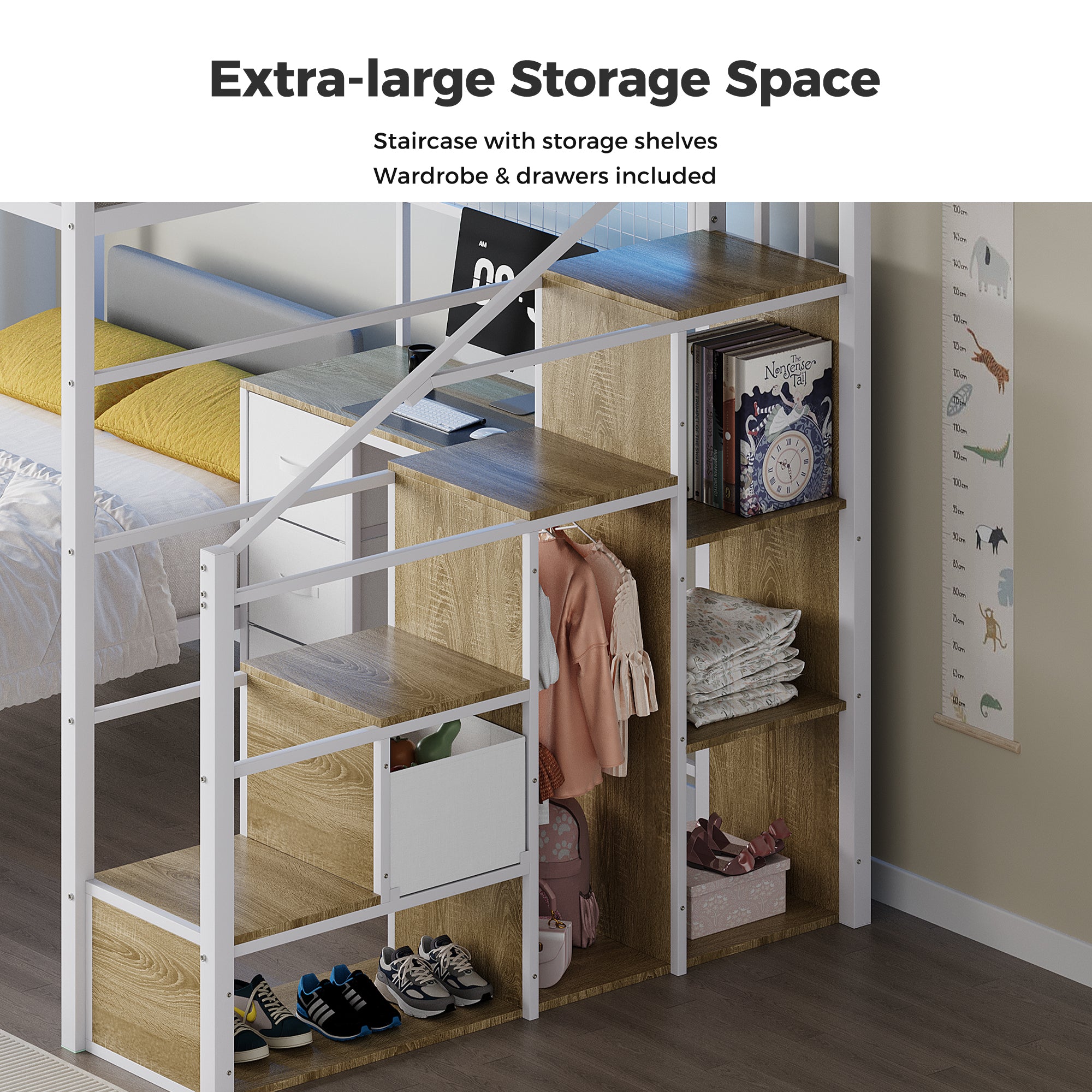 Staircase with storage shelves and wardrobe drawers in a room setting.