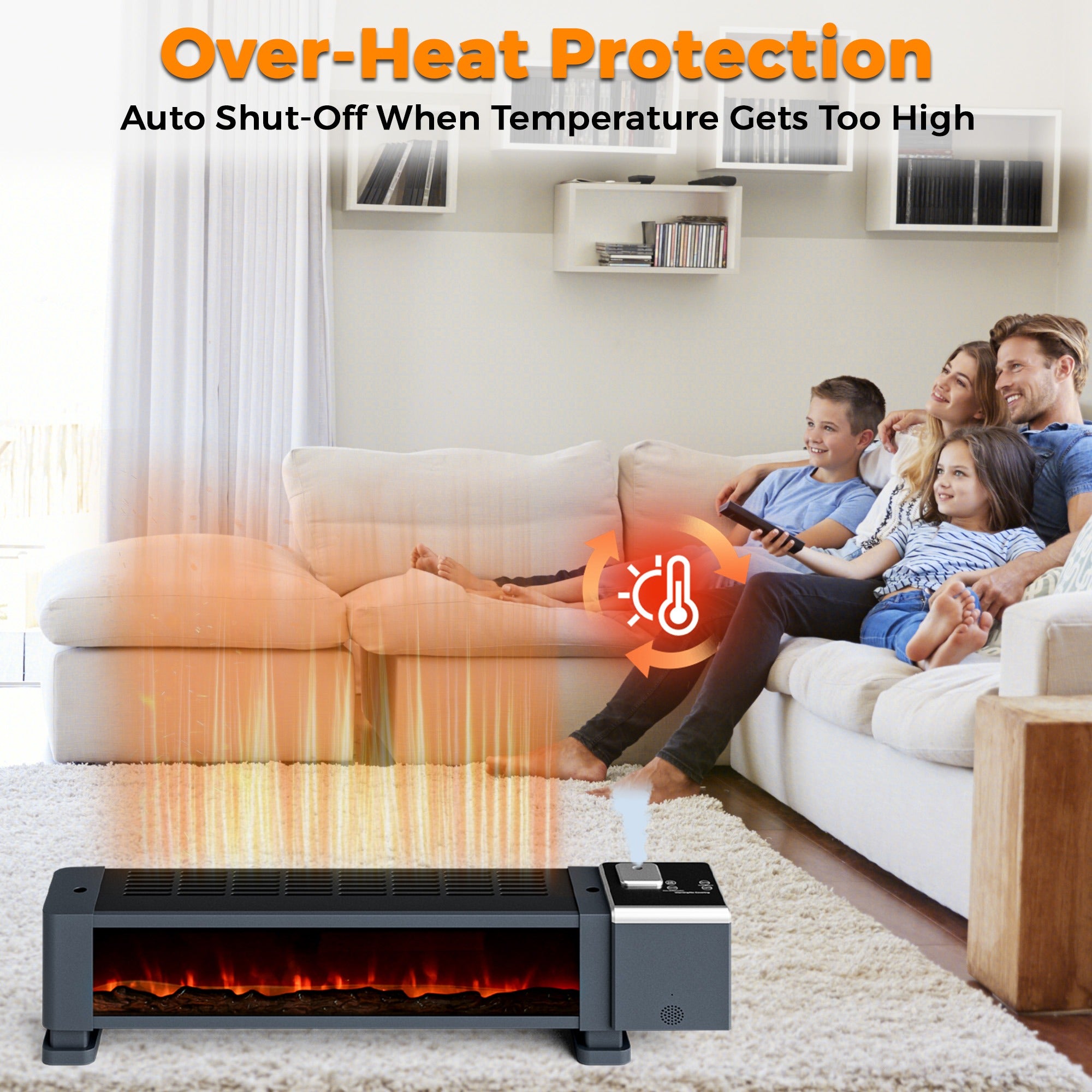 Family sitting on a couch with an electric heater in front, highlighting over-heat protection feature.