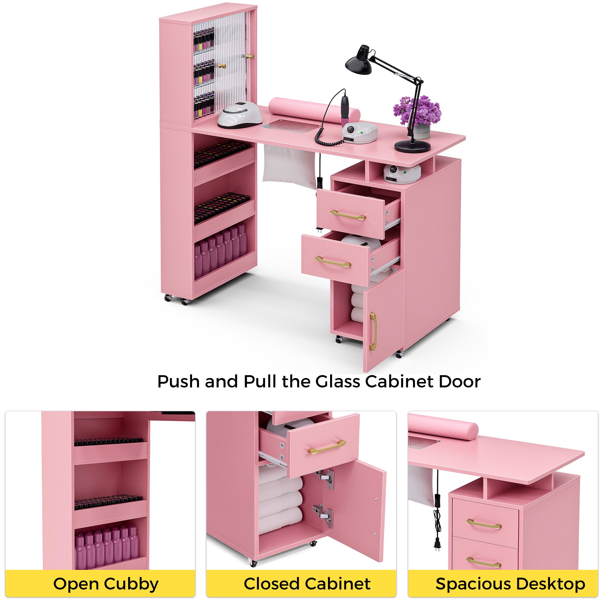 Advwin Nail Table with Glass Door Cabinets & Wheels