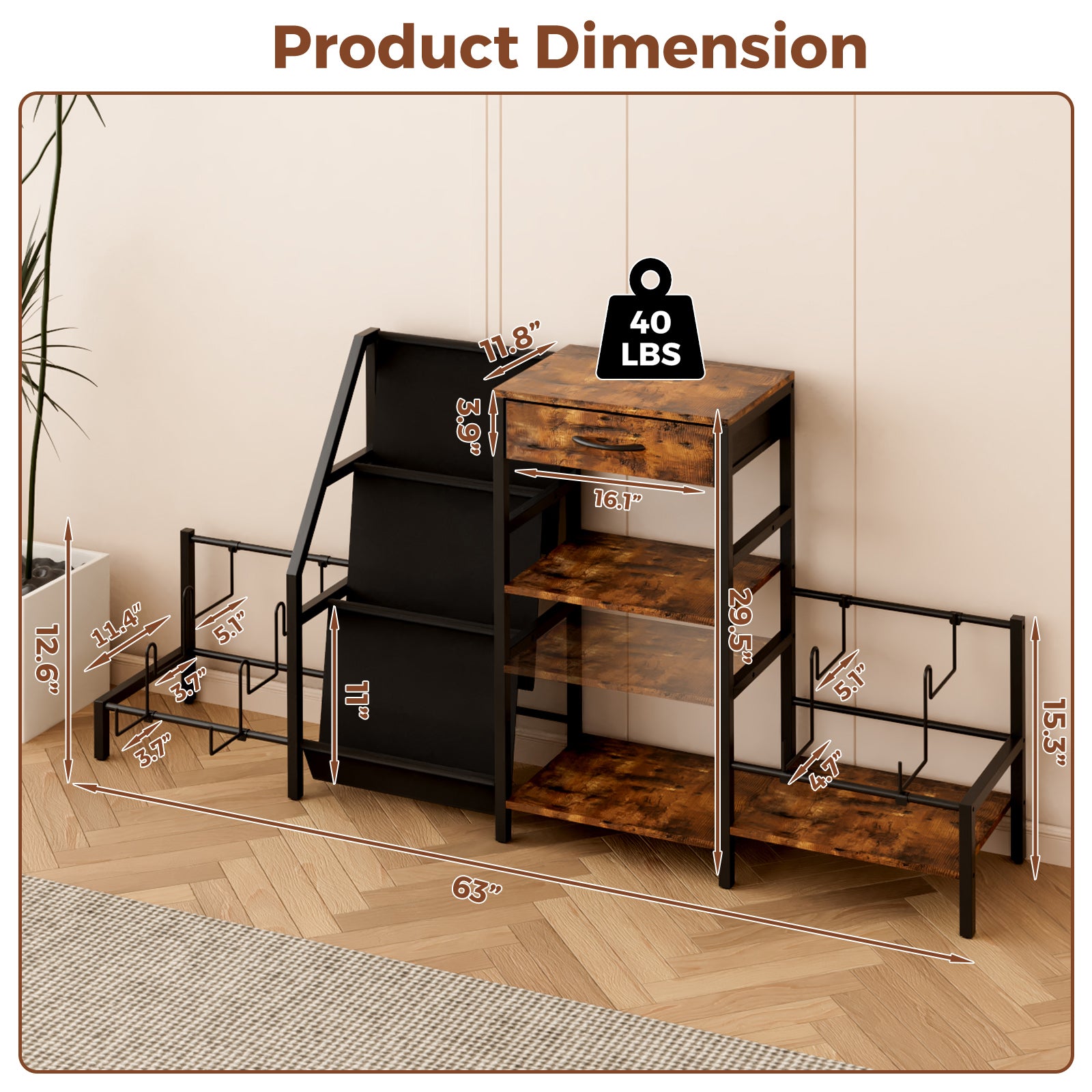 Wooden and metal shelf unit with dimensions displayed on a wooden floor.