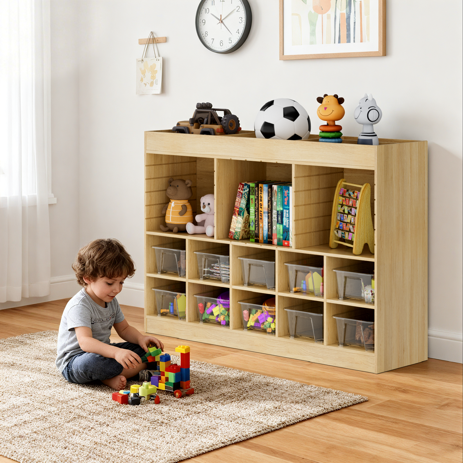 Child playing with toys in front of a wooden bookshelf in a room.