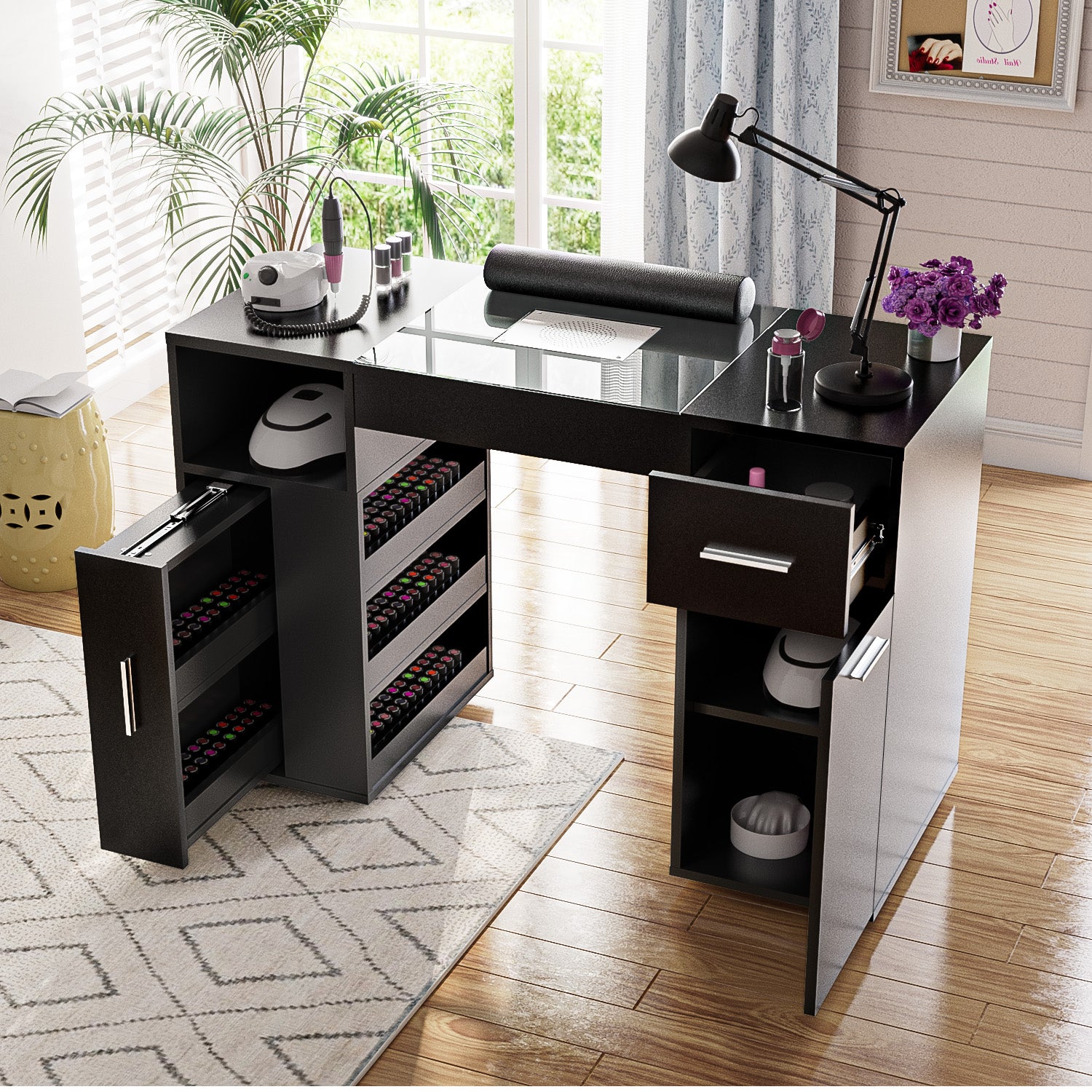 Advwin Manicure Table w/Acetone-Resistant Glass Top Black