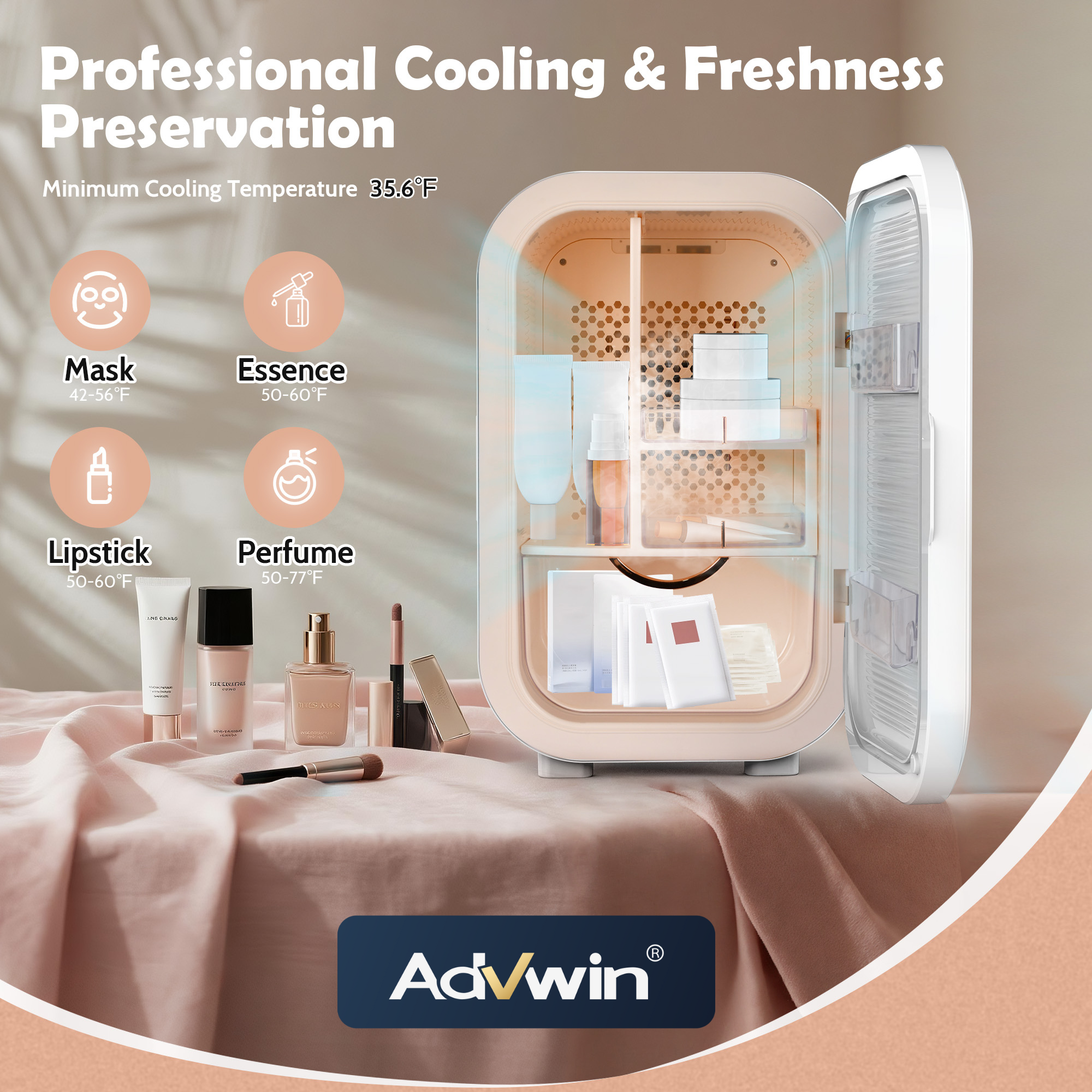 Mini fridge for professional cooling and freshness preservation with cosmetic items on a beige background, featuring the Advwin brand.