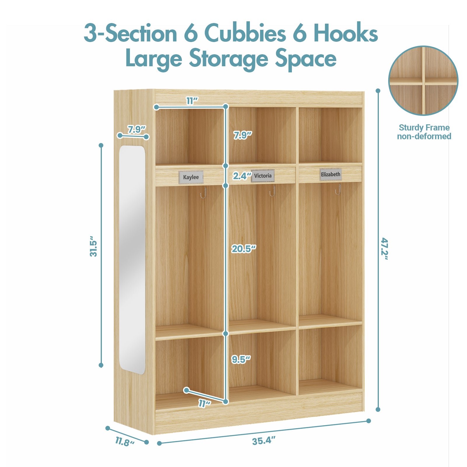Wooden locker with dimensions labeled on a white background