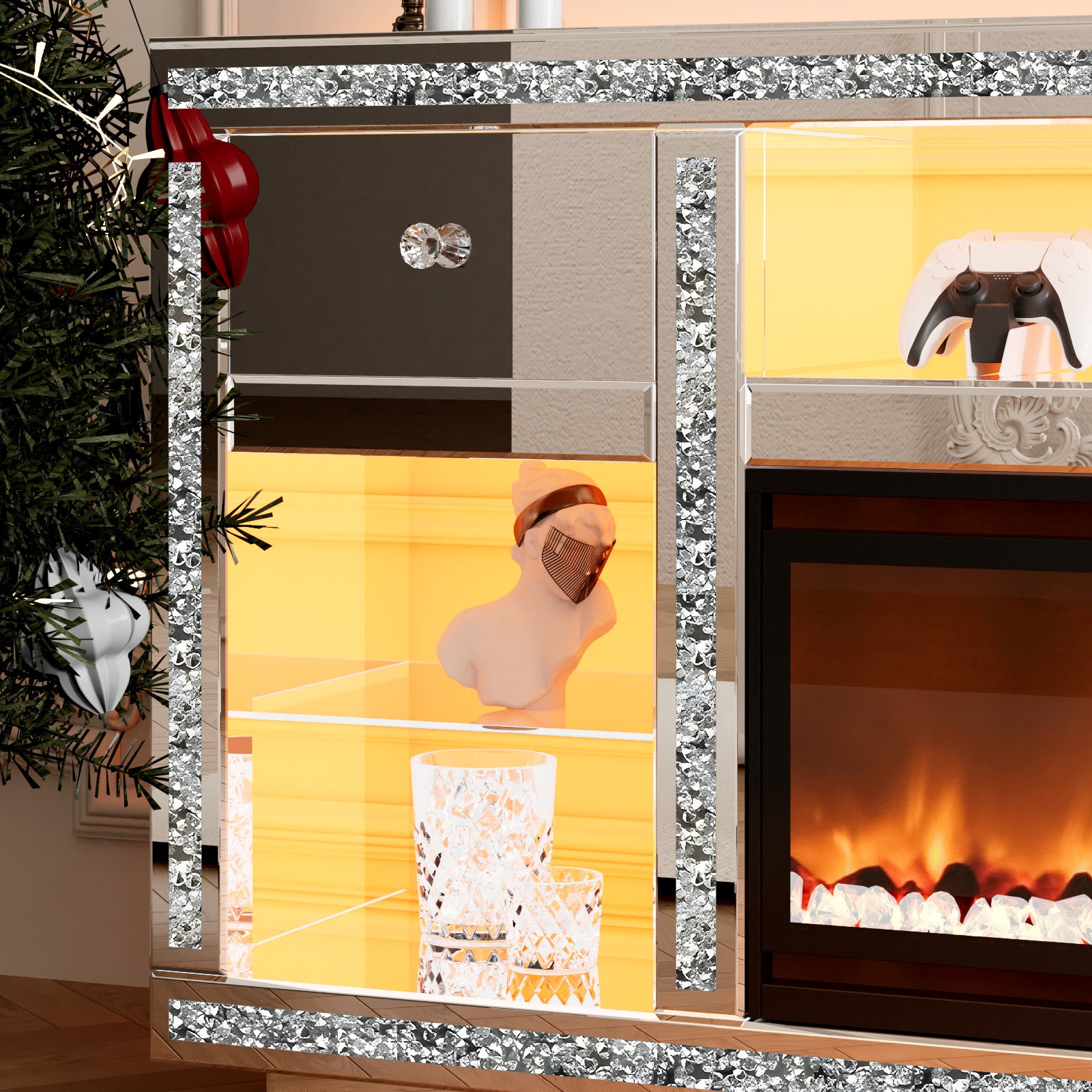 Advwin Mirrored TV Stand with Simulated Fireplace