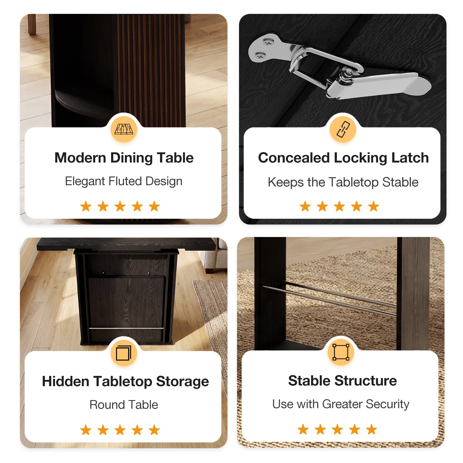 Collage of features of a modern dining table with labels on a wooden floor.