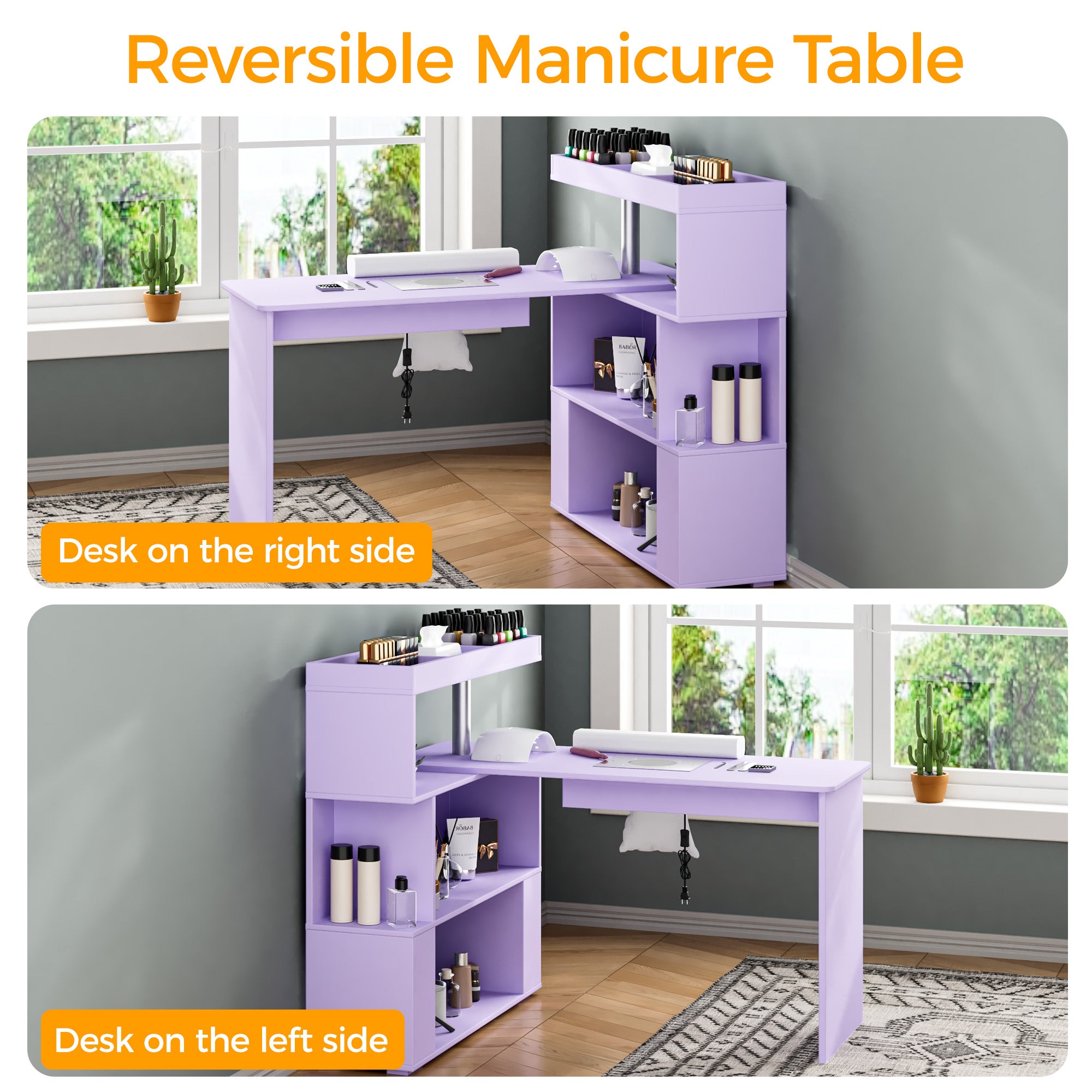 Advwin L-Shaped Rotating Nail Desk with Dust Collector Purple