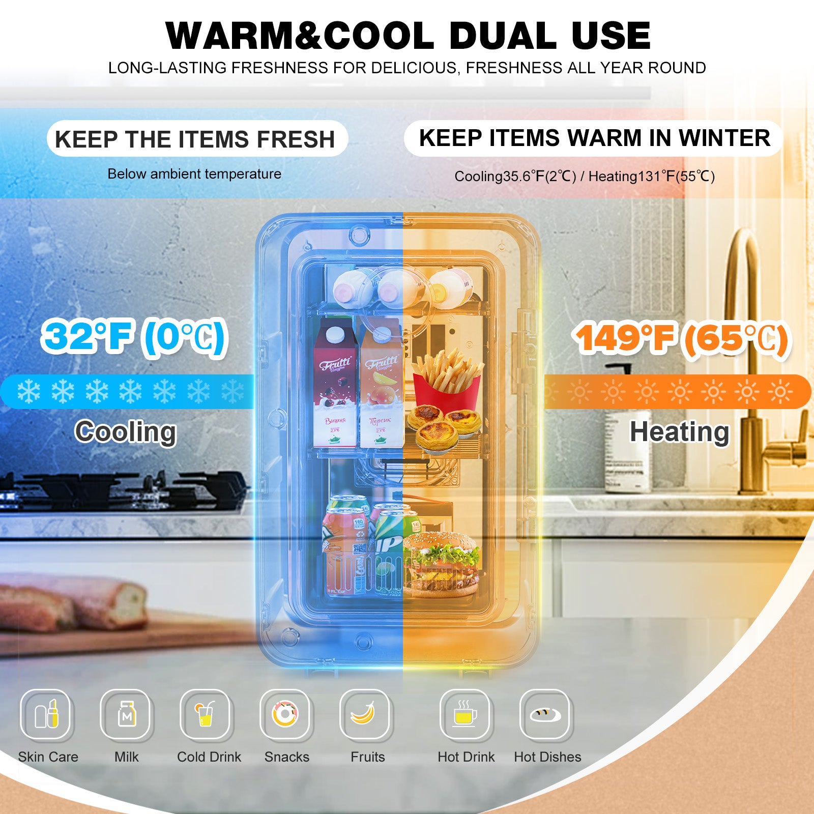 Dual-use appliance for cooling and heating with kitchen items displayed.