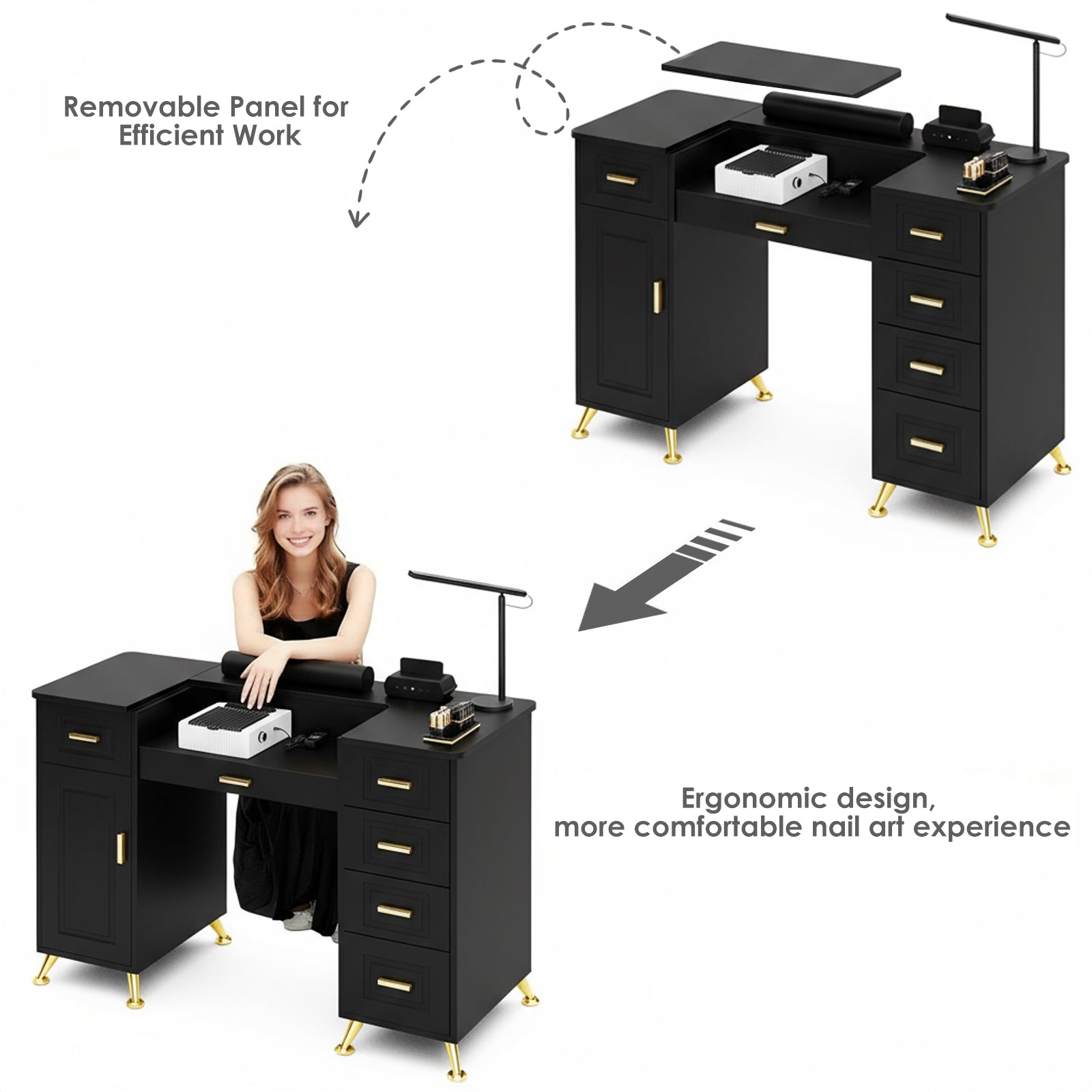Black nail art workstation with removable panel and ergonomic design features.