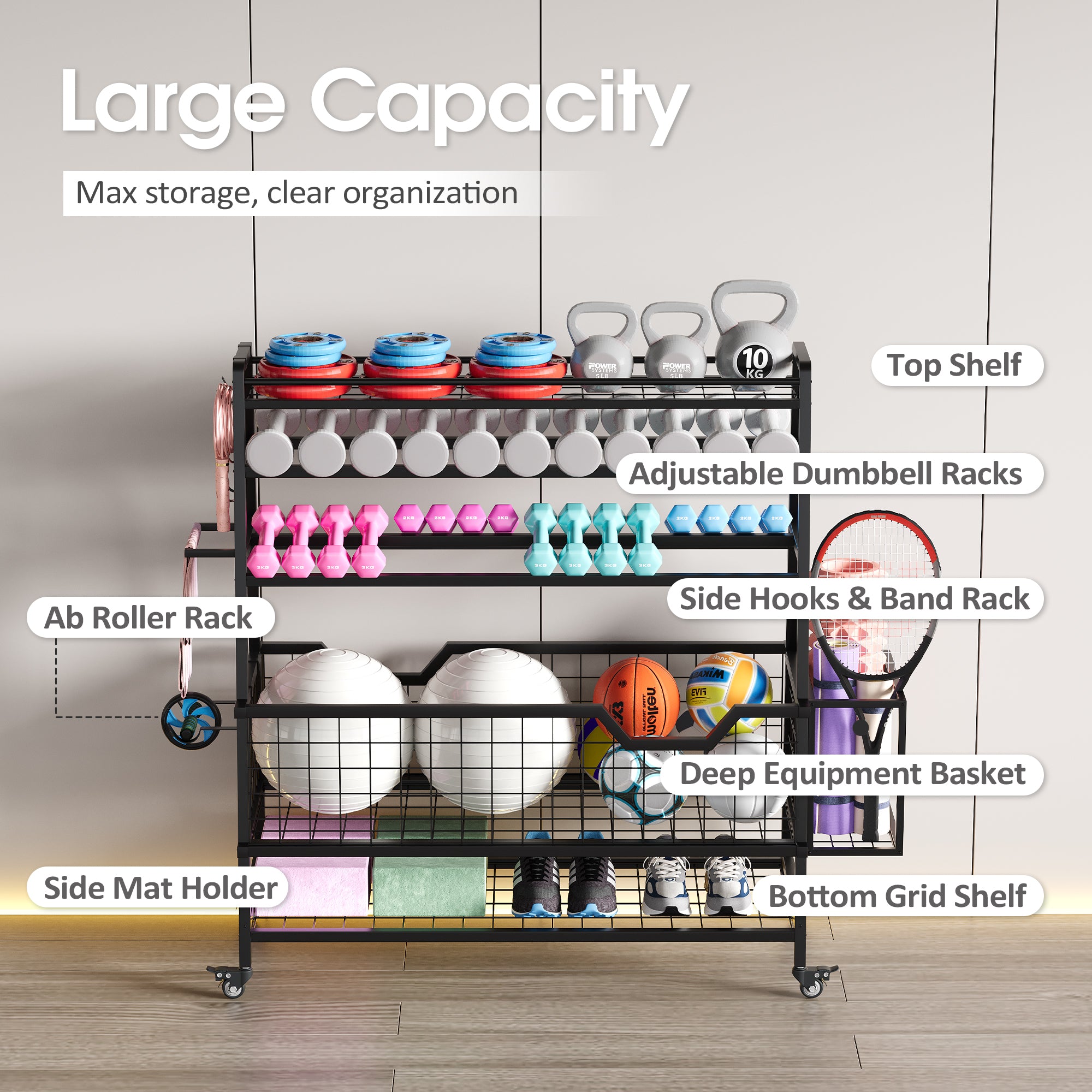 Multifunctional fitness storage rack with various compartments labeled, set against a neutral background.