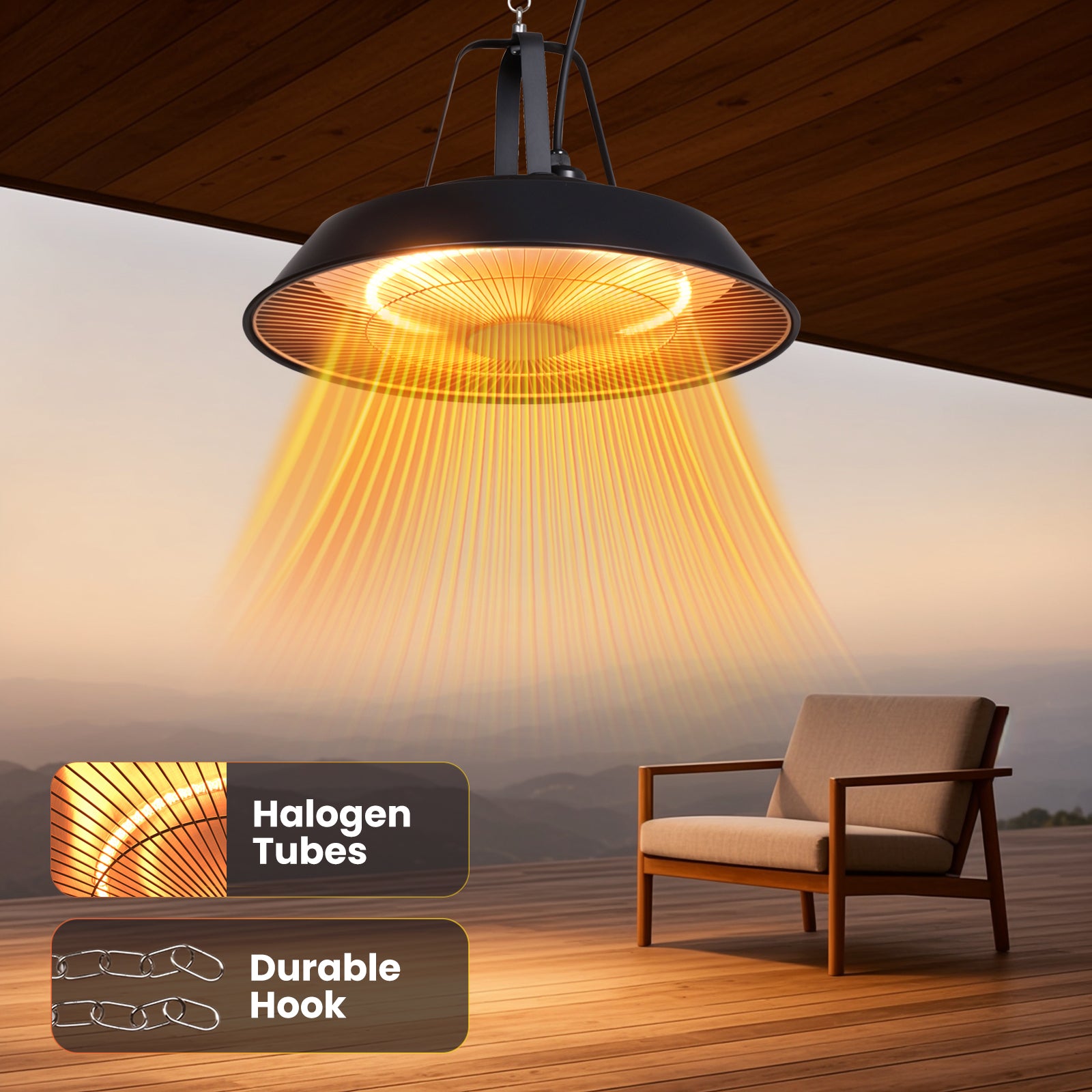 Black pendant light fixture casting a warm glow in a room with a chair and scenic view.