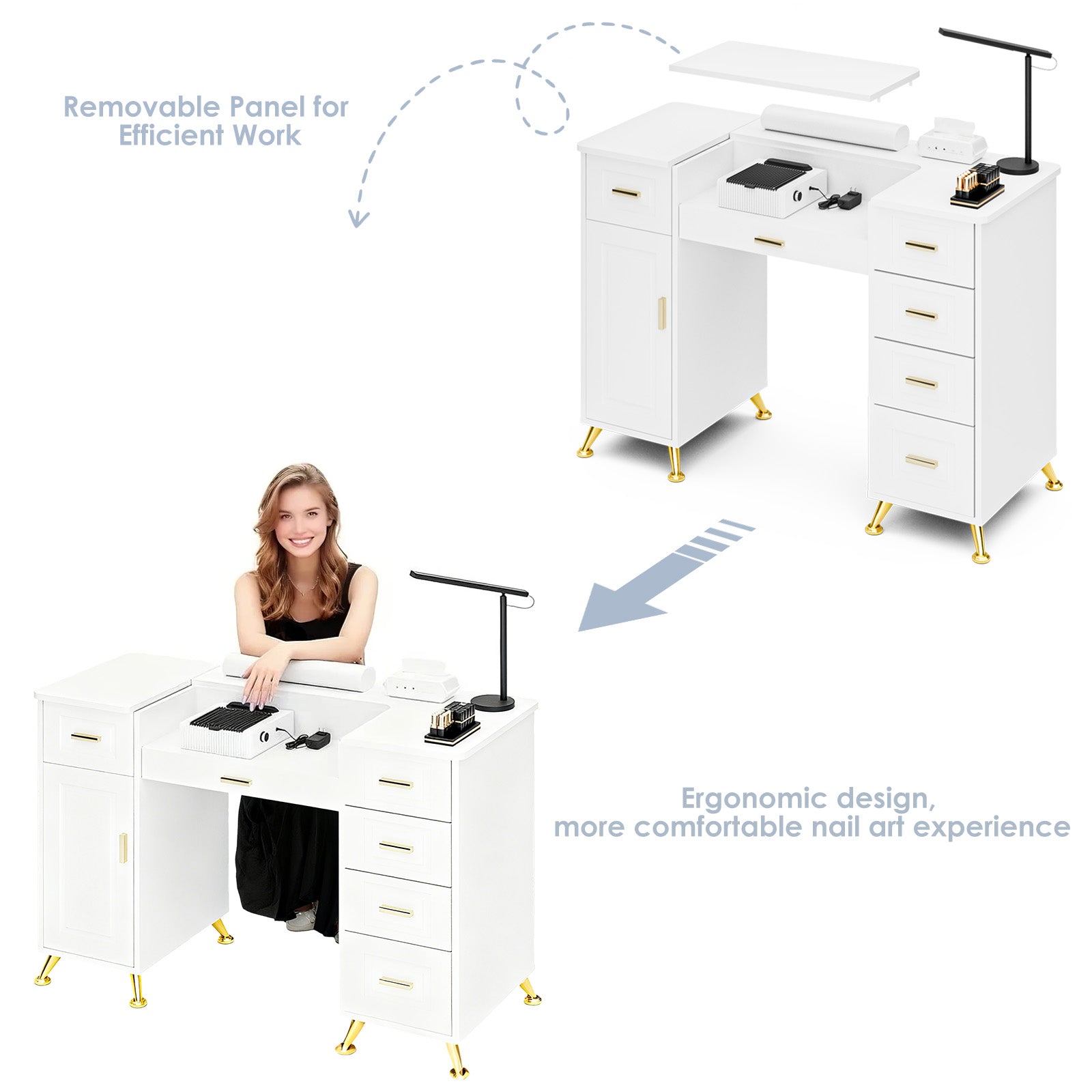 White nail art station with a woman sitting at it, highlighting its features.