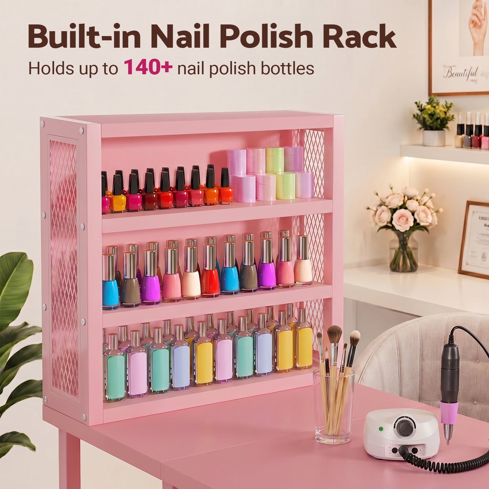 Advwin Double Tabletop Nail Desk w/ 3-Tier Storage Rack