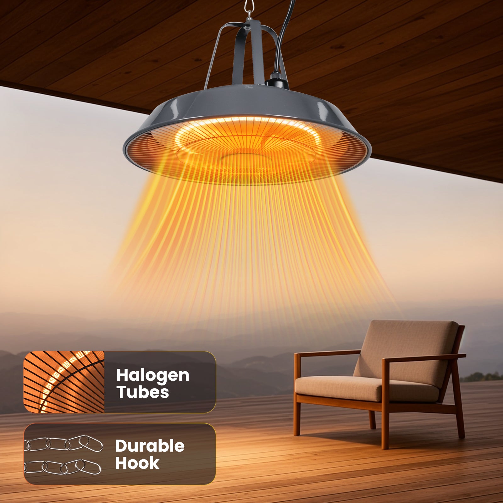 Indoor heating lamp emitting warm light in a room with a chair and scenic view.