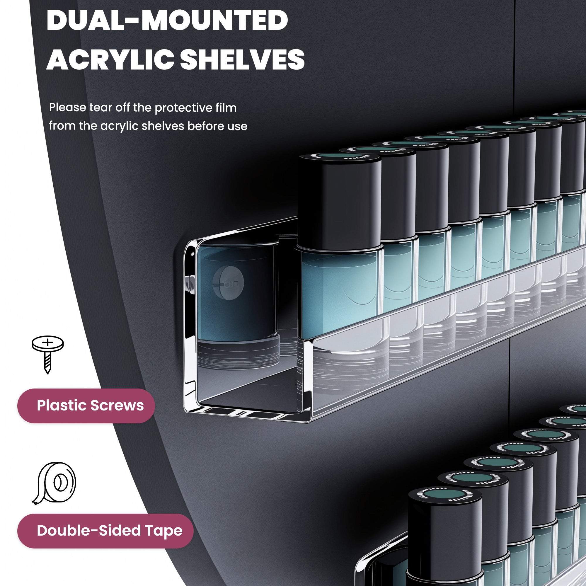 Dual-mounted acrylic shelves with installation instructions on a black background