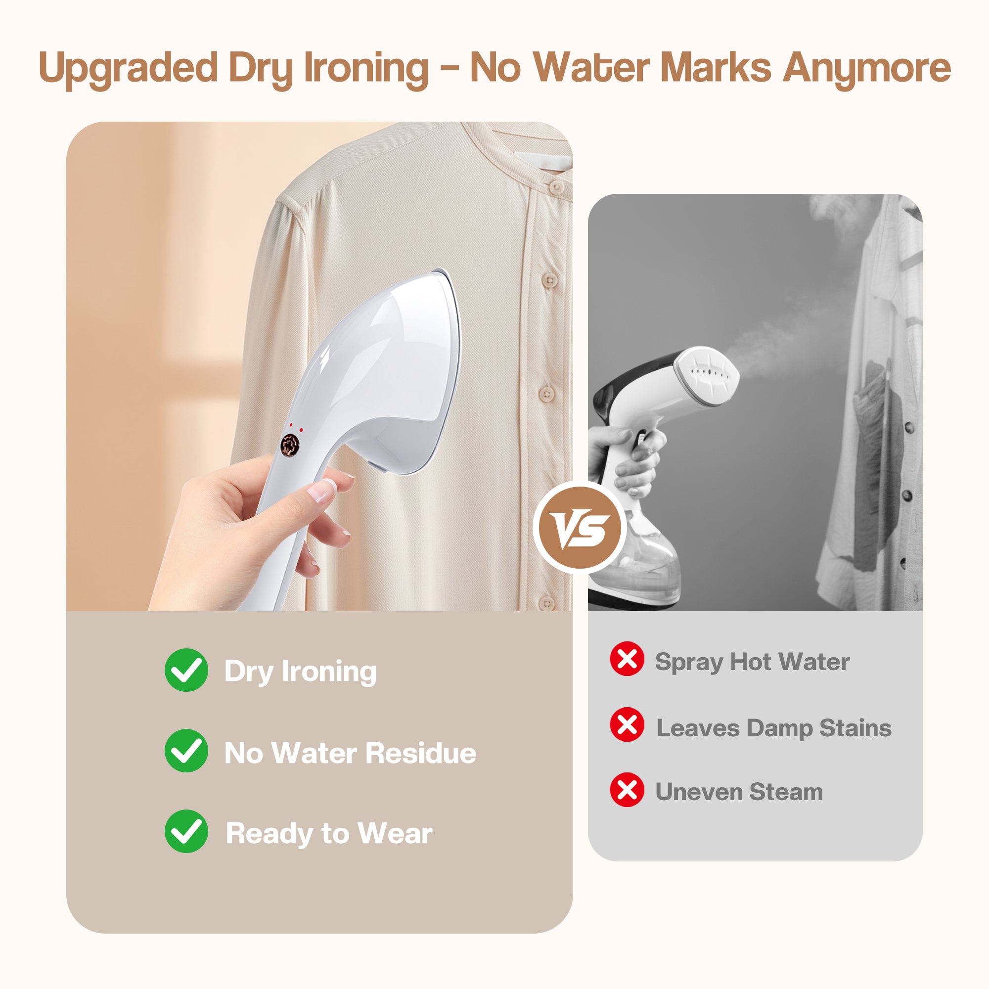 Dry ironing device with text highlighting benefits and comparison to traditional methods.