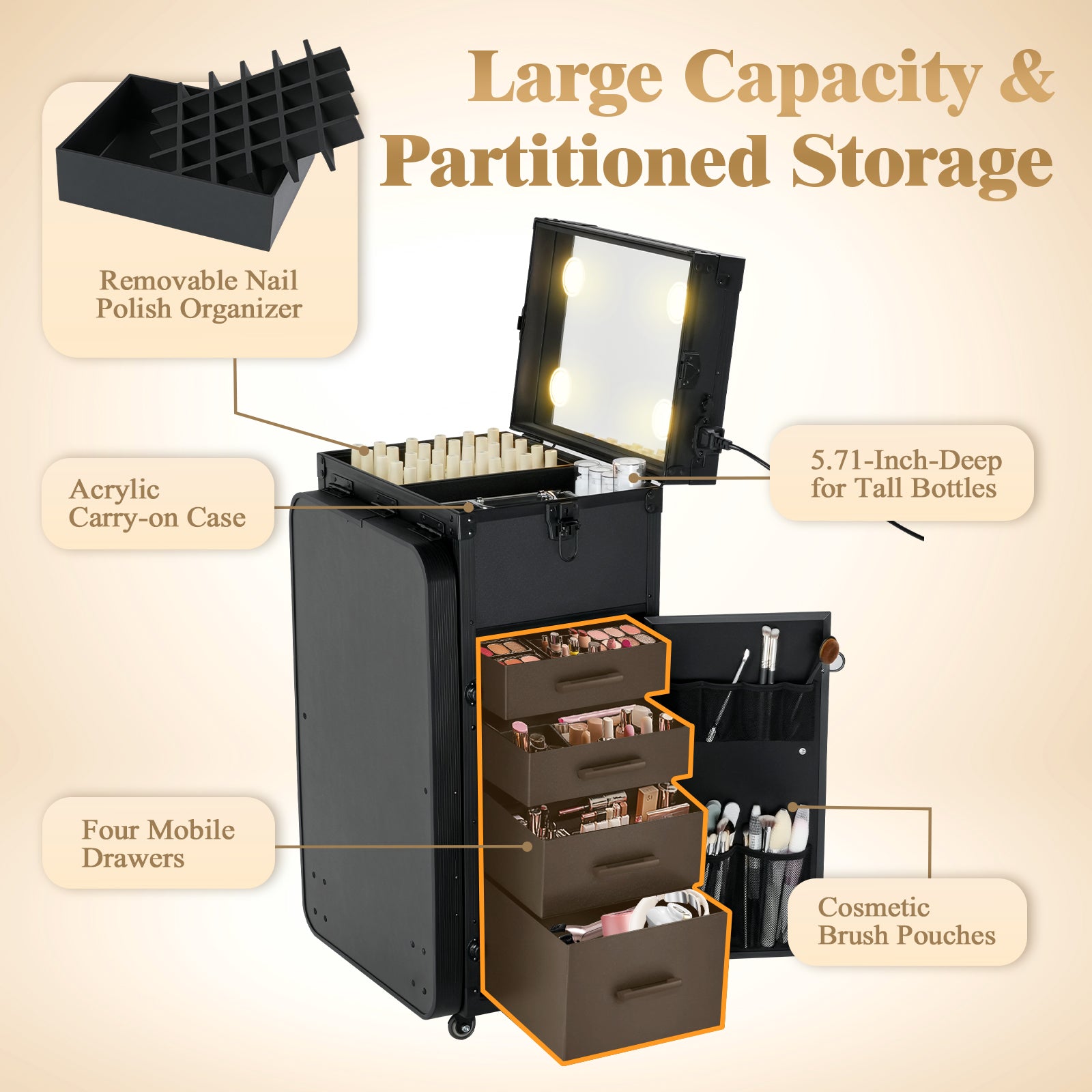 Advwin Foldable Manicure Table LED Mirror 4 Drawers