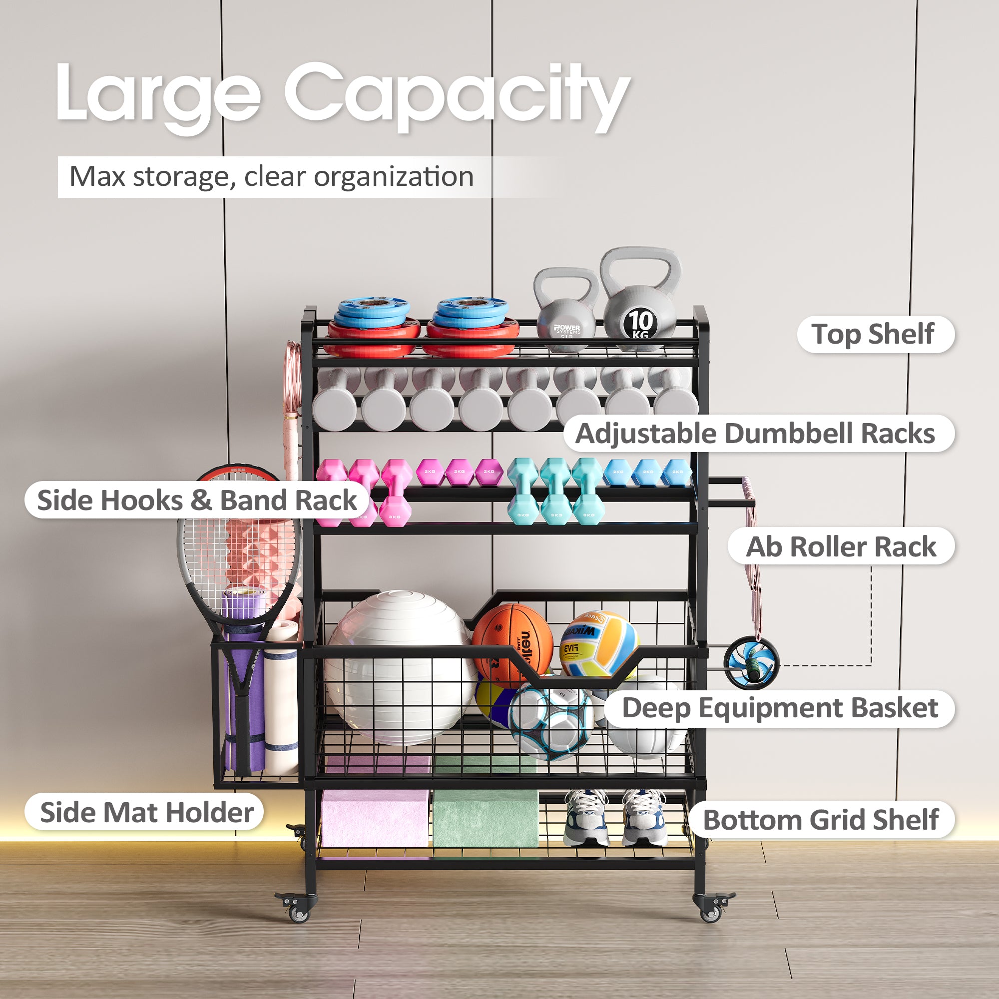 Multifunctional storage rack with various fitness equipment on a wooden floor.