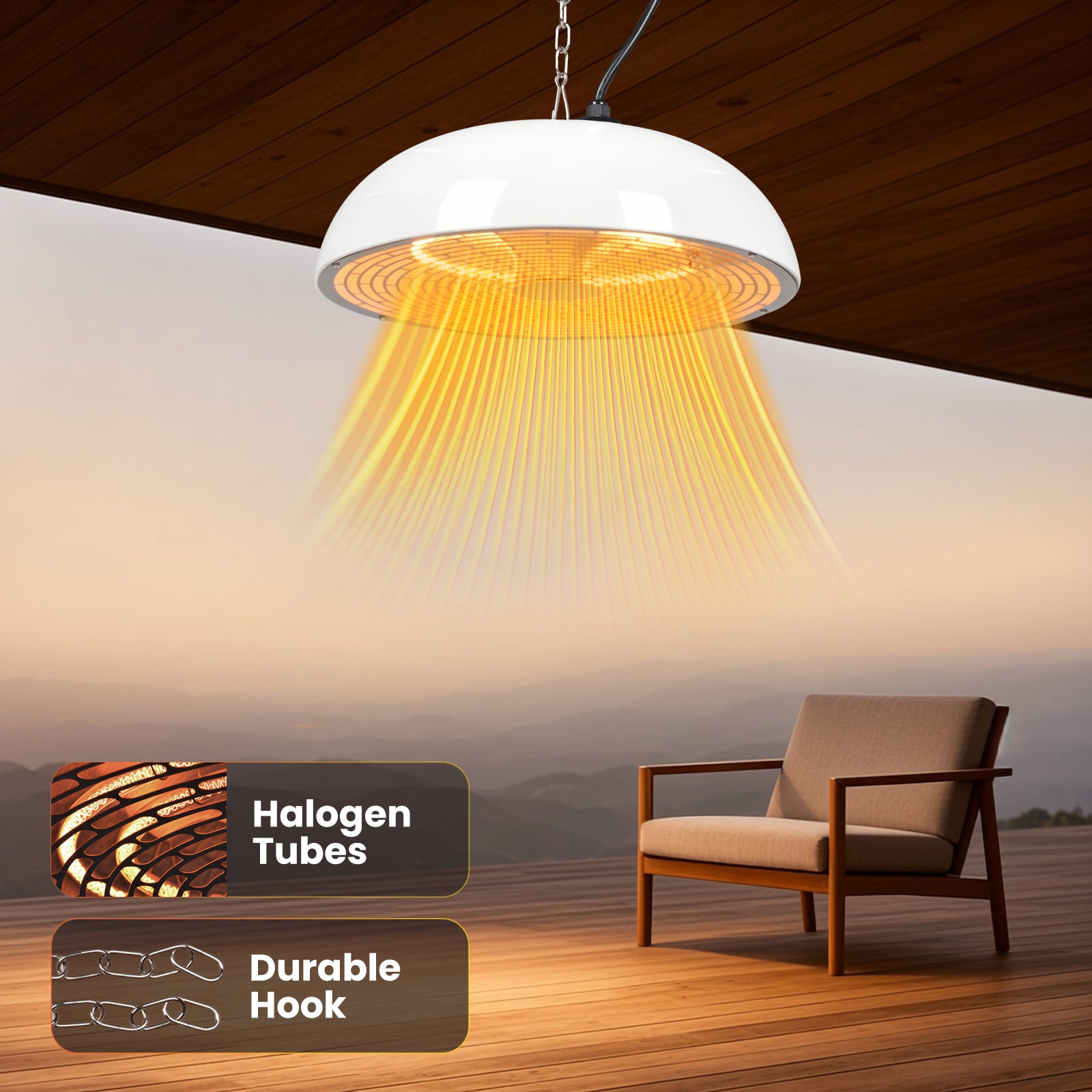 Ceiling light fixture with halogen tubes and durable hook features in a room with a chair.