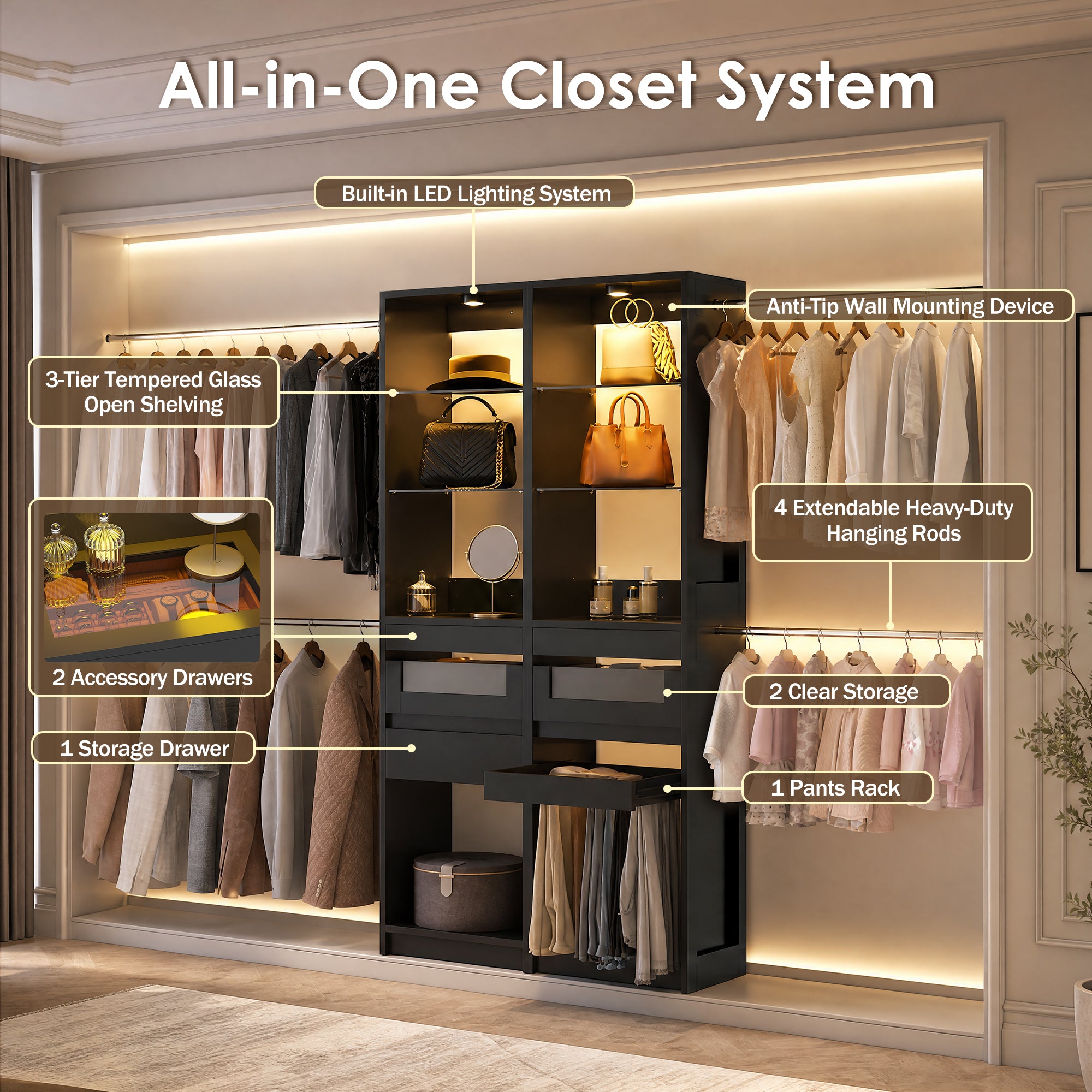 Advwin 6-12 Ft Closet System with LED Lighting