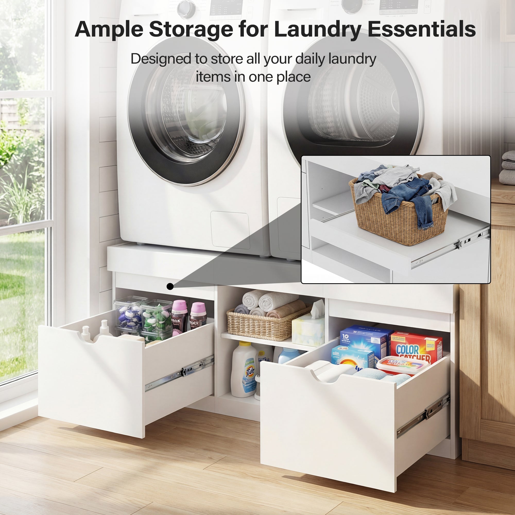 Corner laundry storage unit with drawers open, showing laundry supplies, next to a washing machine.