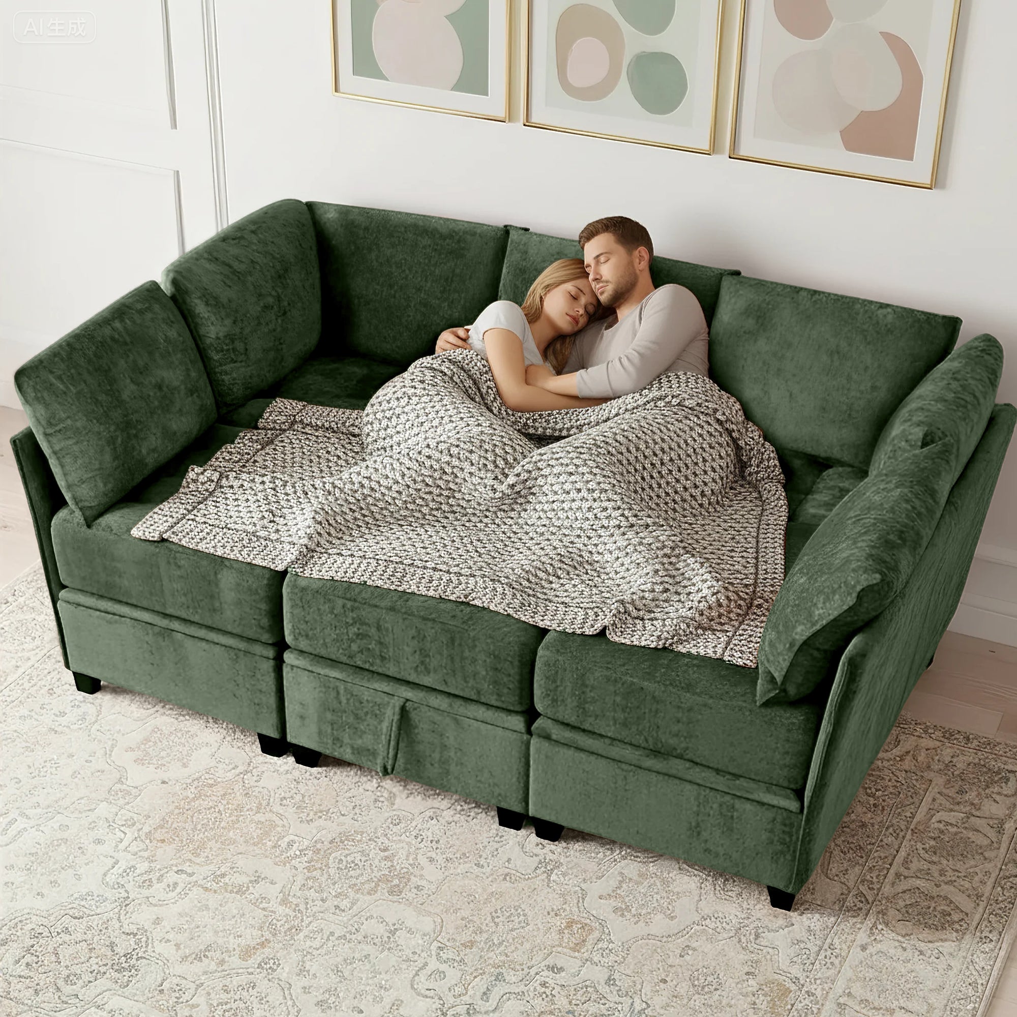 Couple cuddling under a blanket on a green sectional sofa in a cozy living room.