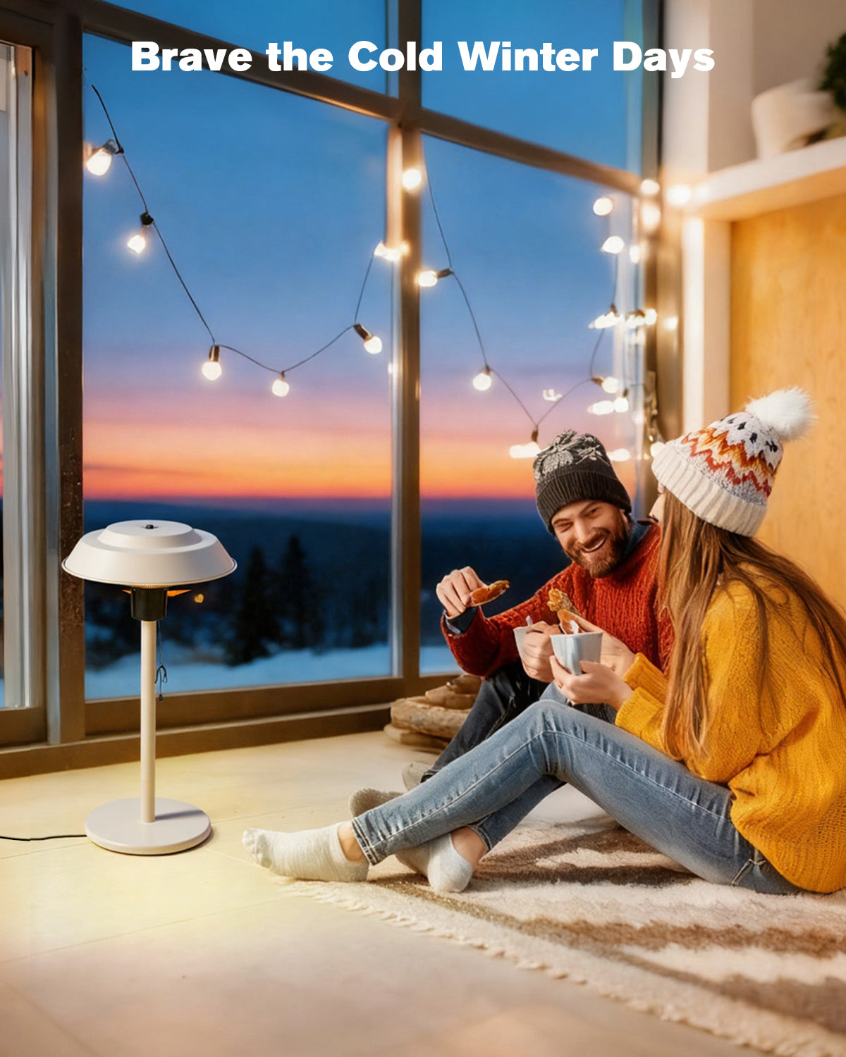 Two people sitting by a window with string lights, enjoying hot chocolate, with text 'Brave the Cold Winter Days'.