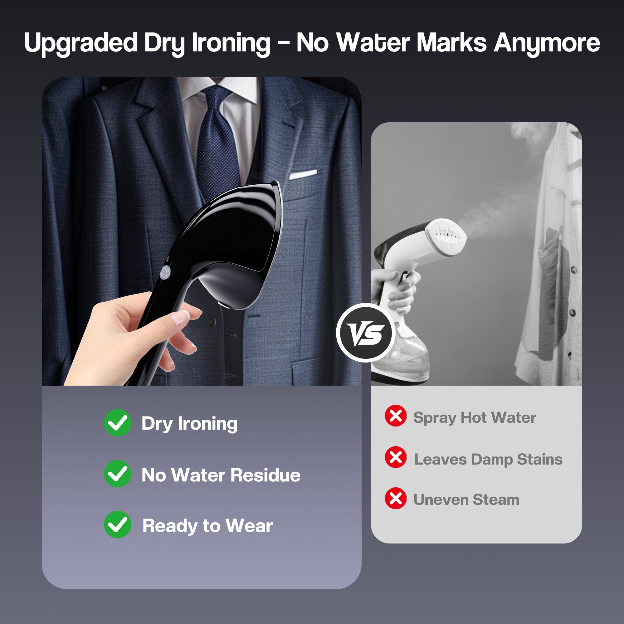 Advertisement for dry ironing technology with a suit and steam iron, highlighting benefits over traditional spray ironing.