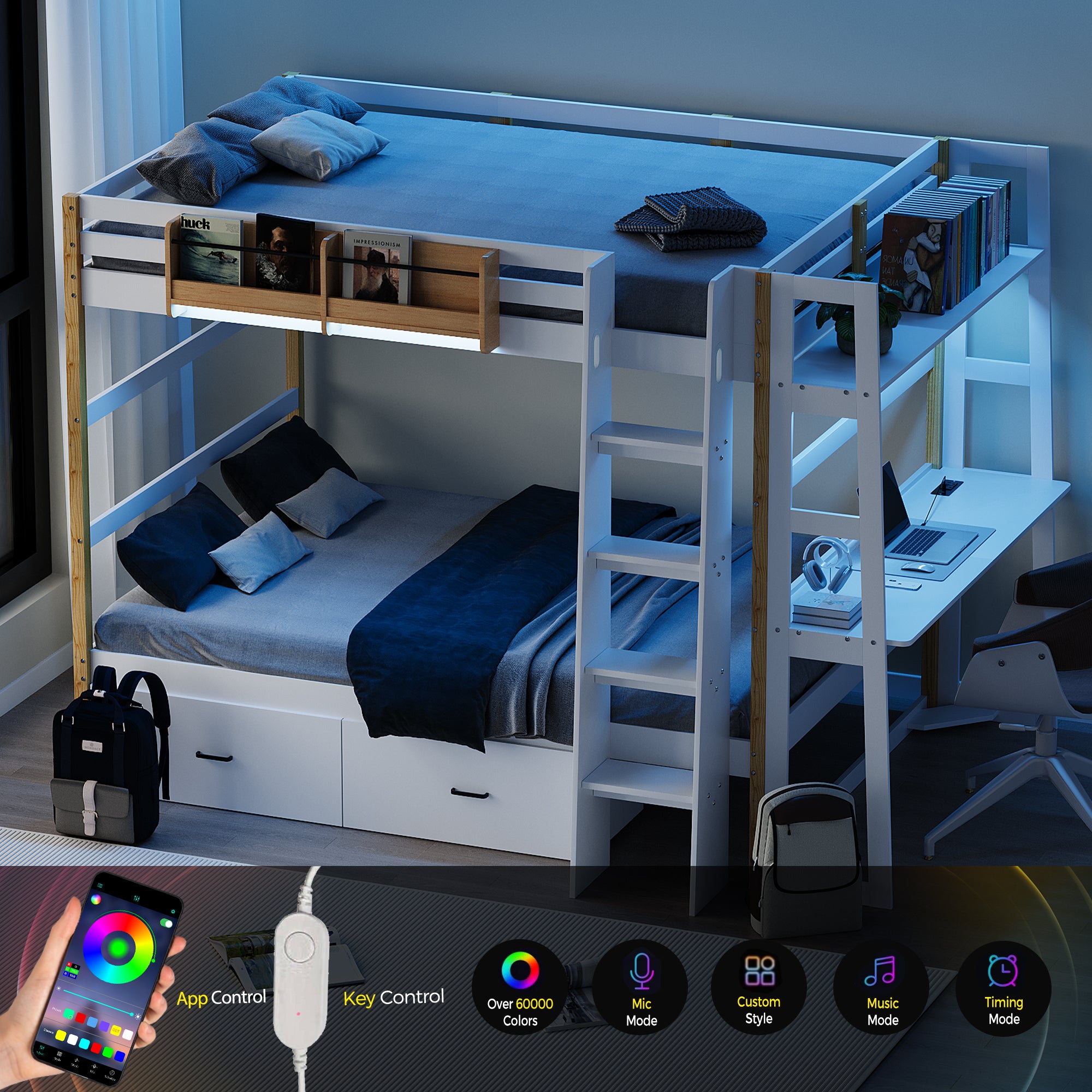 Advwin Solid Wood Bunk Bed with Desk & LED Lights