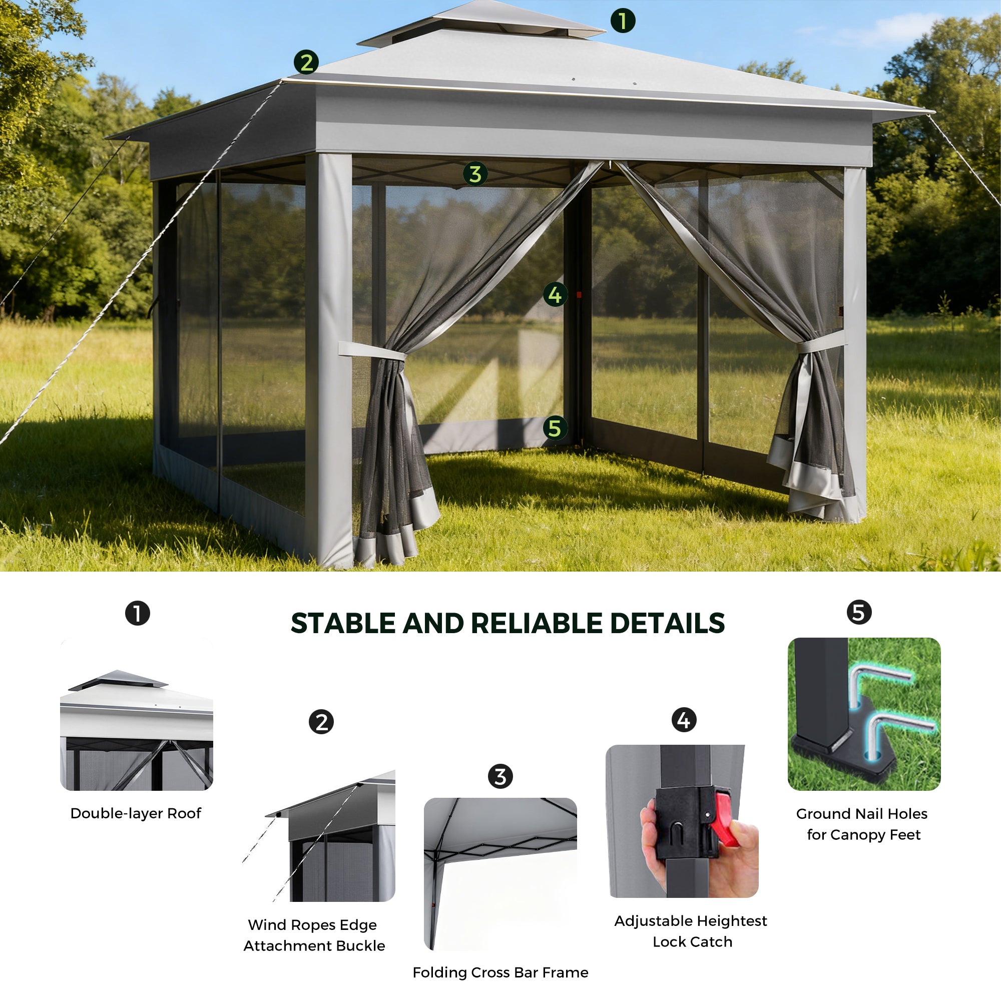 Outdoor gazebo with screen walls in a grassy area, featuring stable and reliable details.