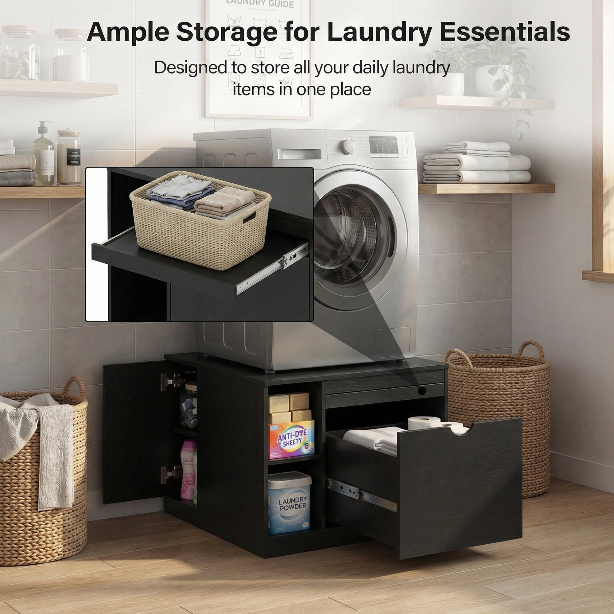 Black laundry storage cabinet with open drawers in a laundry room, featuring text about ample storage for laundry essentials.