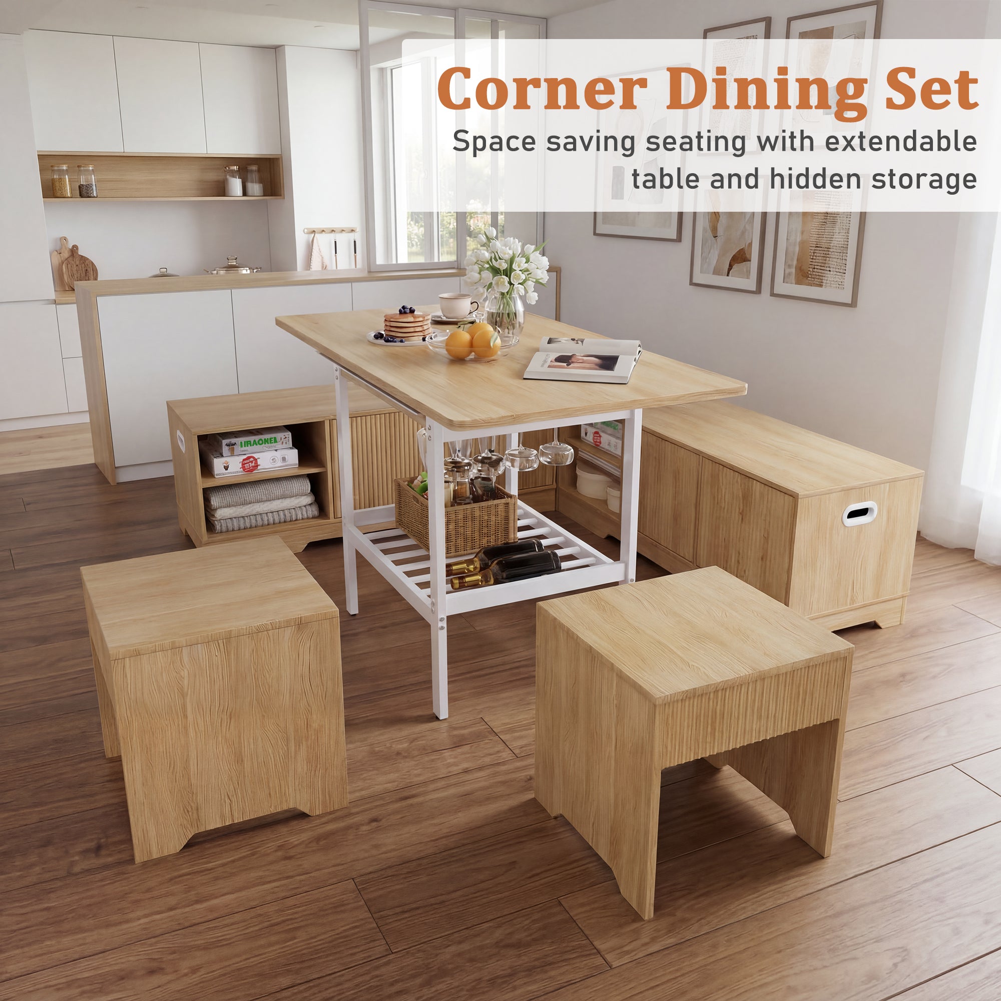 Corner dining set with extendable table and hidden storage in a modern kitchen.