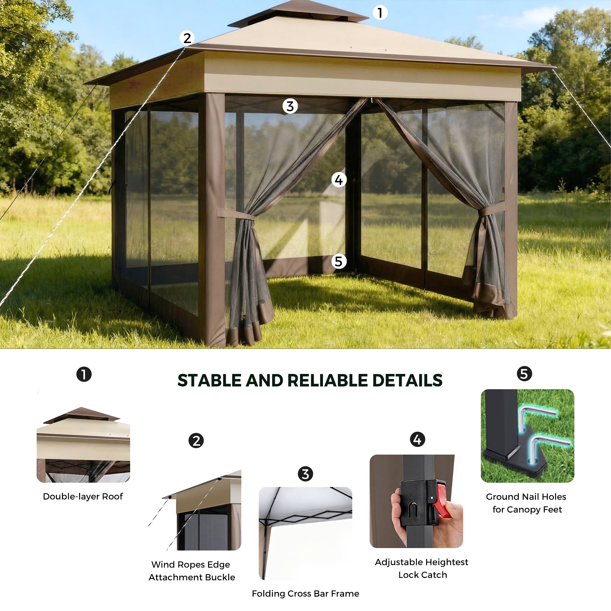 Outdoor gazebo with screen walls in a grassy area, featuring stable and reliable details.